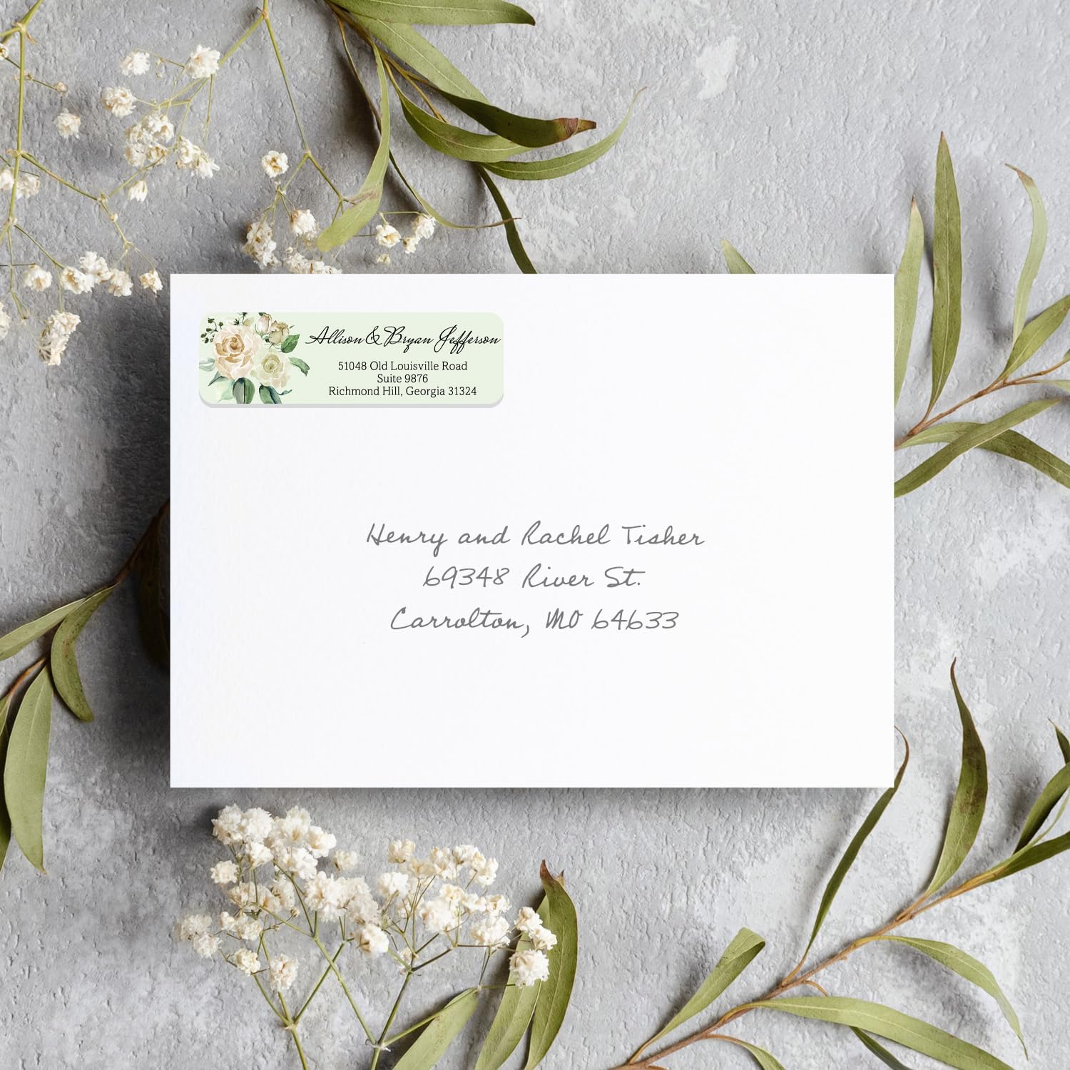 Green Watercolor Floral Rolled Address Labels / 500 Personalized Return Address Labels/Designer Address Stickers in Elegant Plastic Dispenser - Lumora Desk