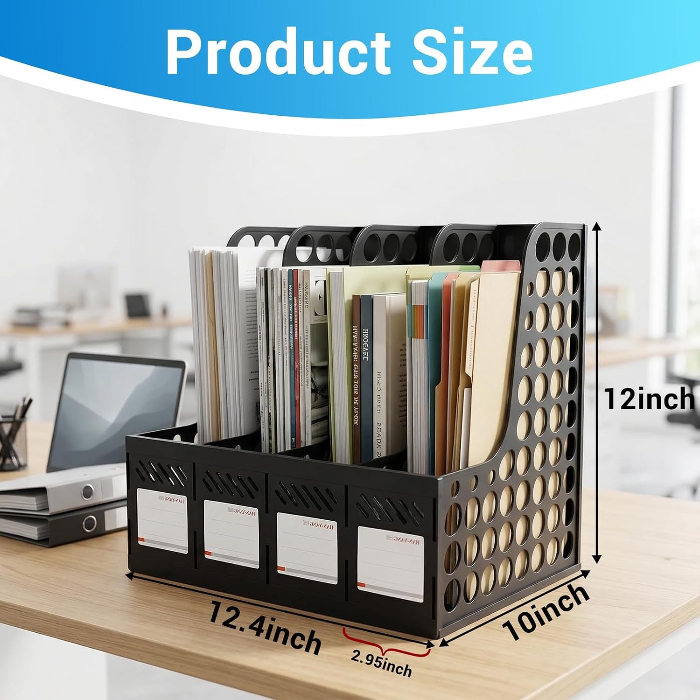 Ysenchan Plastic Magazine File Holder & Desk Organizer, 4 Vertical Compartments File Folder Organizer for Office Classroom Organization, Coloring Book Storage with Sturdy Binder Accessories(Black)