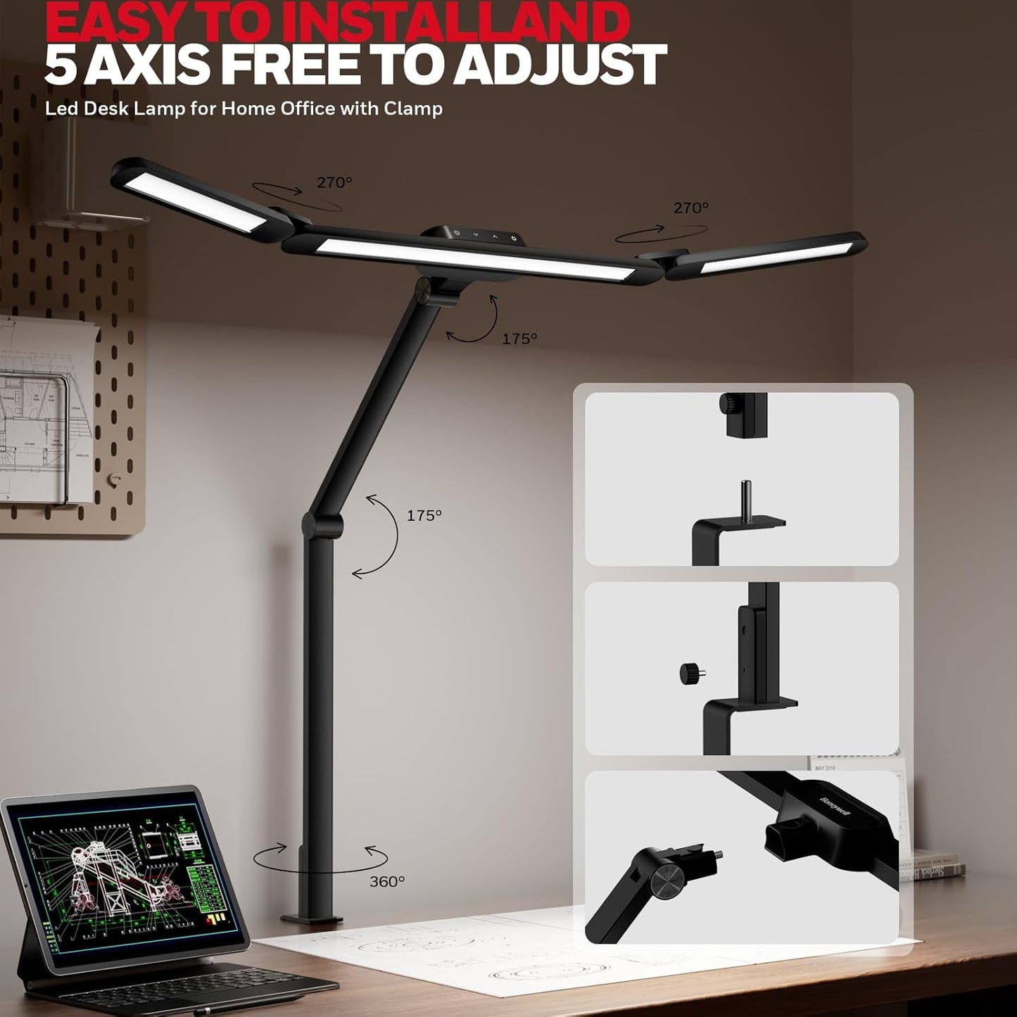 Honeywell LED Desk Lamp with Clamp, HJ3 Sunturalux Architect Desk Lamp for Home Office, Eye-Caring Computer Desk Light 22W 4 Color Modes Clip on Light Stepless Dimming Task Lamp for Working - Lumora Desk