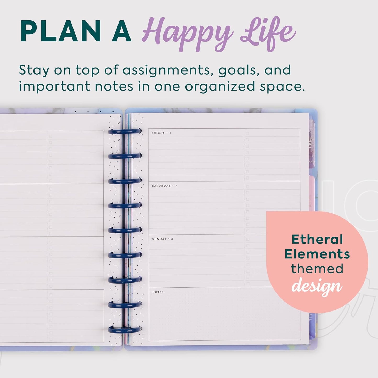 Happy Planner Disc-Bound Planner Jan.–Dec. 2026, Includes 3 Extra Months and 2 Sticker Sheets, Classic Size, 7" x 9.25", Horizontal Layout, Ethereal Elements