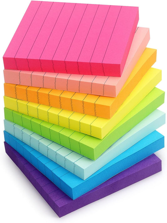 Eastern Wolf 8 Pads Lined Sticky Notes 3x3 Sticky Notes with Lines Self-Stick Note Pads 8 Bright Multi Colors, 85 Sheets/Pad