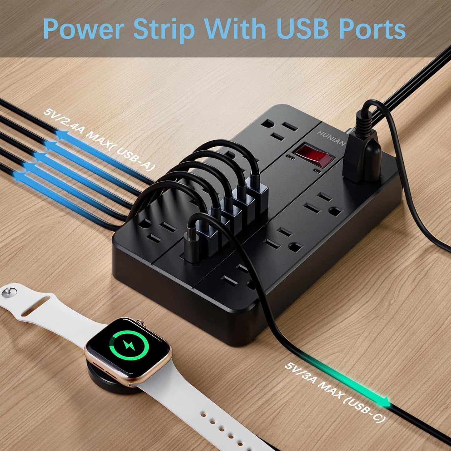 15 Ft Long Extension Cord Power Strip Surge Protector, HUNIAN Flat Plug with 8 Widely Spaced Outlets 6 USB, Wall Mount Charging Station for Home and Office, Black