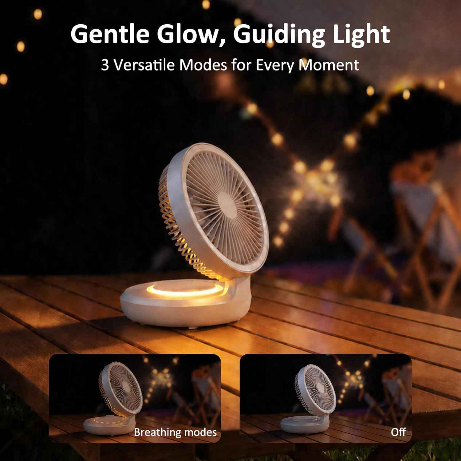 shinic Foldable Small Desk Fan with LED Night Light, USB Rechargeable Portable Wall-Mounted Fan, 4 Speeds Quiet Hanging Fan for Bedroom, Office, Dorm, Camping, Outdoor Use