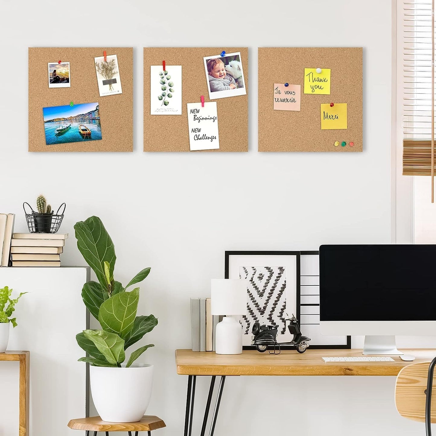 AKTOP Cork Board Bulletin Board 12x12, 1/2" Thick Cork Board Tiles 9 Pack, Small Square Pin Board for Wall, Self Adhesive Corkboards with 120 Push Pin Wood Clips for School, Home & Office - Lumora Desk