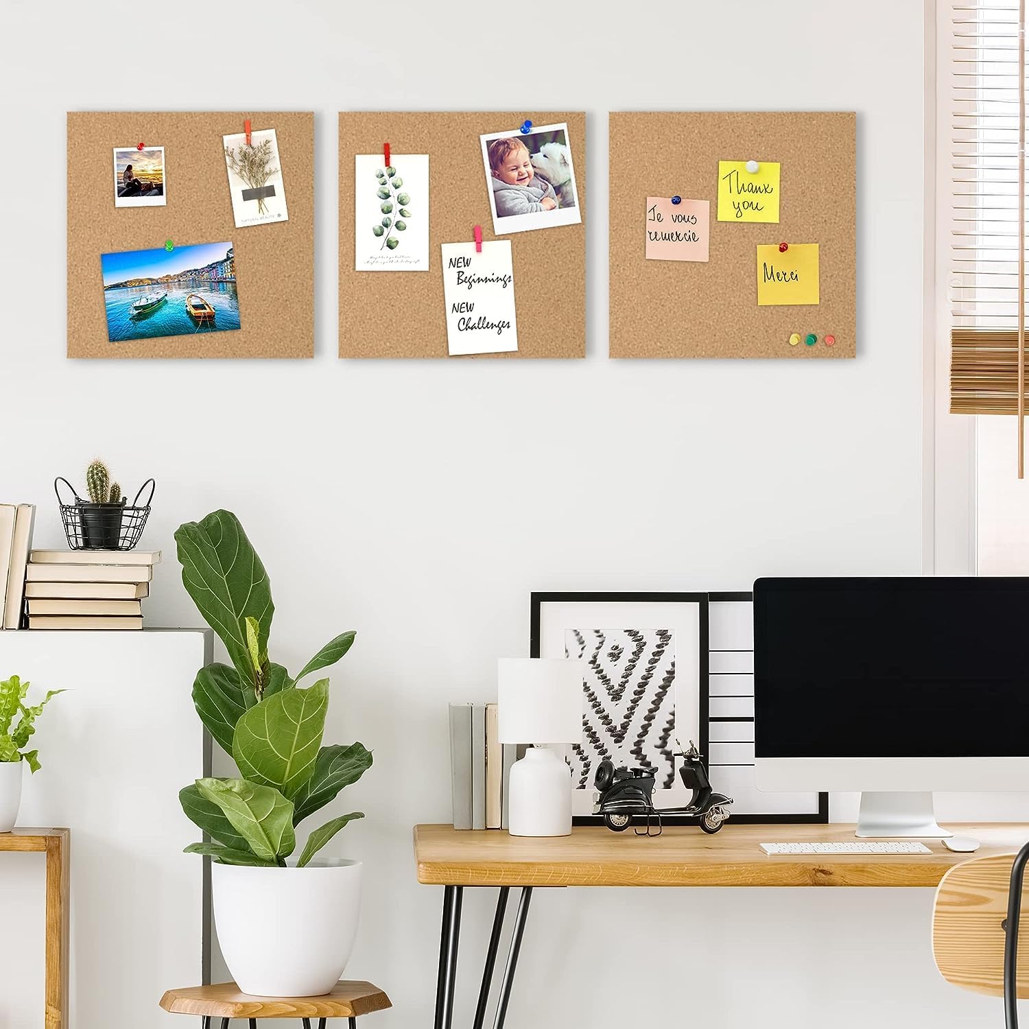 AKTOP Cork Board Bulletin Board 12x12, 1/2" Thick Cork Board Tiles 9 Pack, Small Square Pin Board for Wall, Self Adhesive Corkboards with 120 Push Pin Wood Clips for School, Home & Office - Lumora Desk