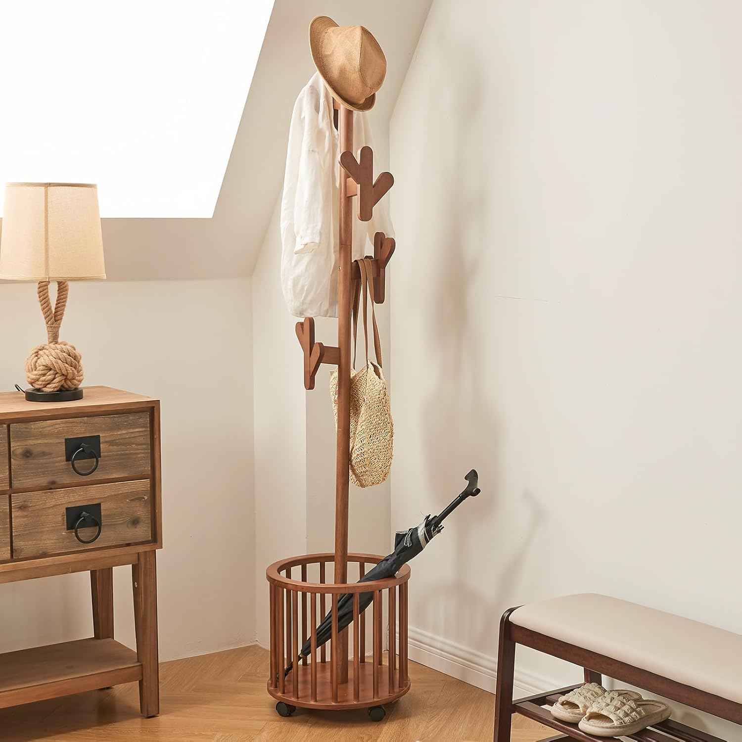 Uniclinens Solid Wood Coat Rack Freestanding with Umbrella Holder, Tree Coat Rack Stand with Lockable Universal Casters & 12 Hooks for Entryway Bedroom, Walnut
