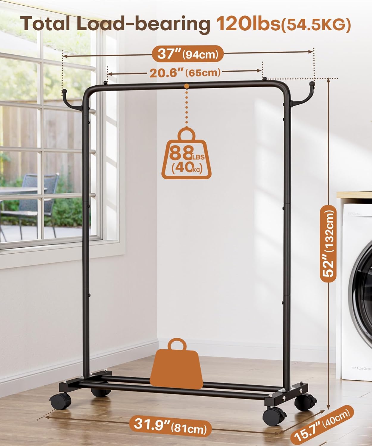 Homde Heavy Duty Clothes Rack: 120lb Standing Garment Storage for Indoor - Rolling Hanging Rod for Bedroom Laundry Room - Coat Dress Organizer on Wheels with luggage shelf (Black，32") - Lumora Desk