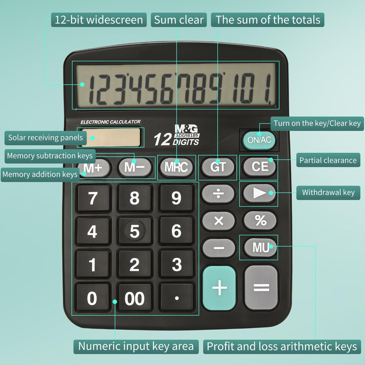 M&G Desk Calculator 12 Digit Office Calculators with Large LCD Display, Dual Solar Power and Battery, Recessed Big Button Calculator for Office Home School (Black, Pack of 5)
