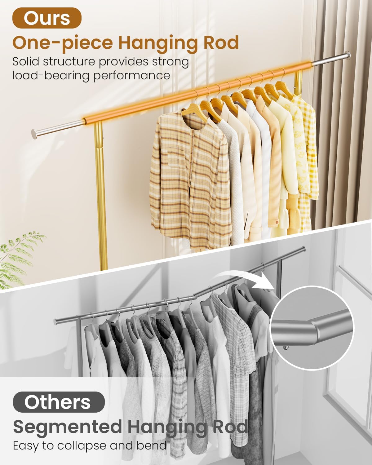 Heavy Duty Clothes Rack, Metal Clothing Rack Load 450 LBS, Rolling Coat Racks for Hanging Clothes with Lockable Wheels, Wardrobe Closet Garment Racks for Bedroom, Gold - Lumora Desk