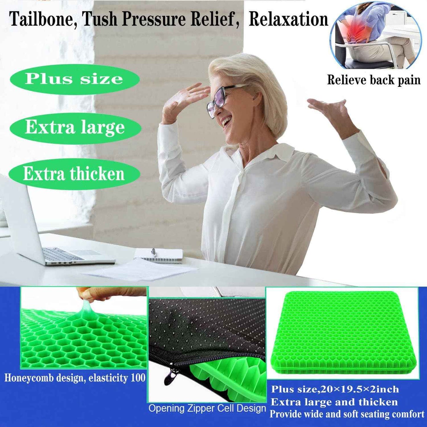 Plus Size Gel Seat Cushion for Long Sitting, Extra Large and Thick, Seat Cushion for Back, Hip, Sciatica, Tailbone Pain Relief, Used for Office, Wheelchair, Car, Recliner, Stadium, Kayka.(Grass Green)