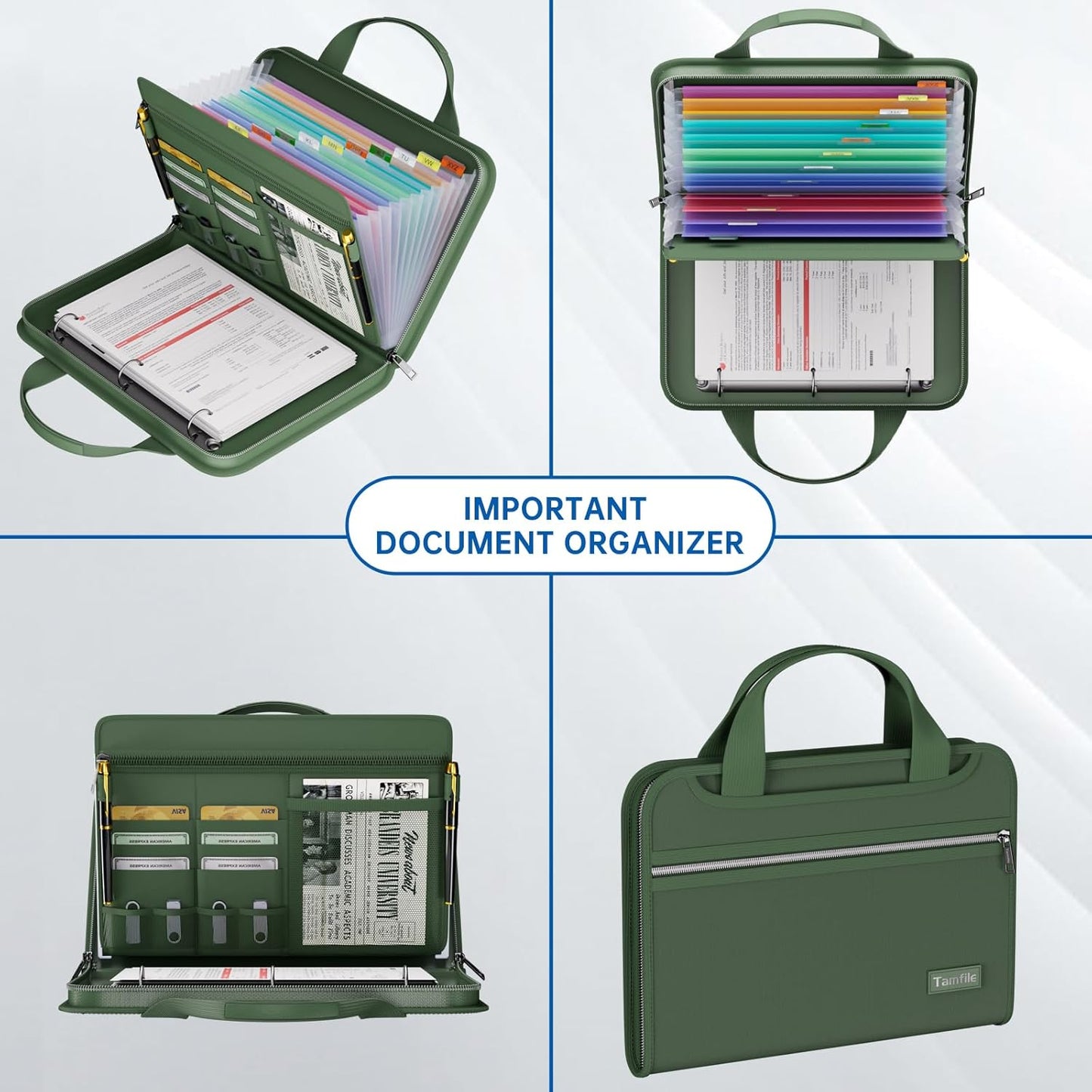 Fireproof Accordion File Organizer with Handle, 13 Pocket Expanding File Folder with Zipper & Labels, File Folder with 3 Ring Binder, Multi Pockets Paper Organizer Folder for Letter A4 Files (Green)