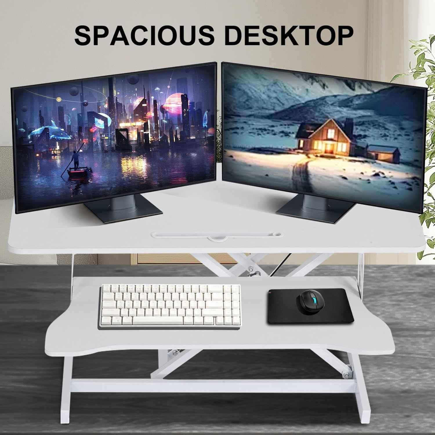 38-inch Standing Desk Converter Height Adjustable Sit to Stand Up Workstation, Duals Monitor and Laptop Riser with Wide Keyboard Tray, for Home, School, Company, White