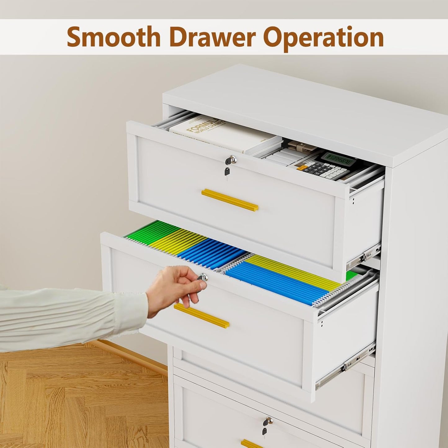 Metal Lateral File Cabinet with Lock,2 Drawer Steel Wide Filing Organization Storage Cabinets for Legal/Letter/A4/F4 Size with Hanging Files&Key,Lockable Printer Stand for Home Office, White