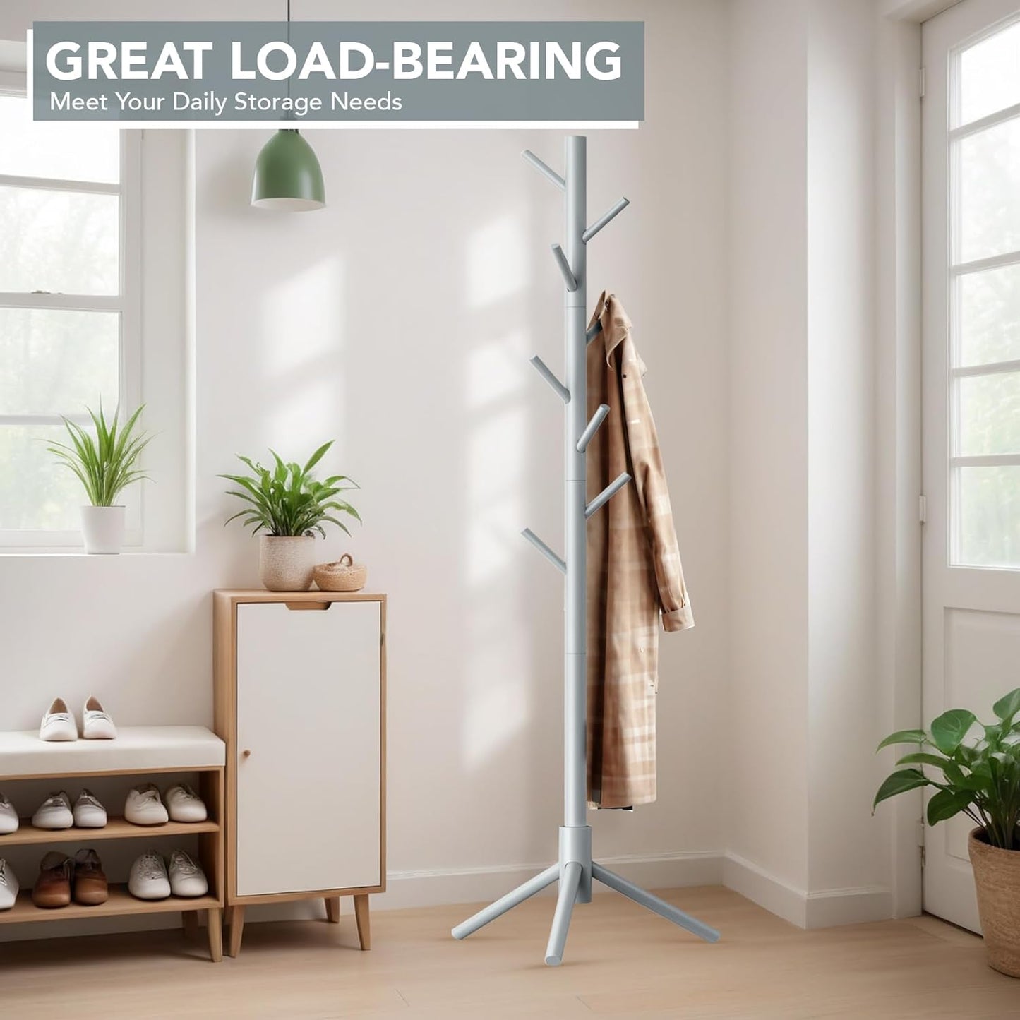 Wooden Tree Coat Rack Stand,Sturdy Freestanding Coat Rack with 8 Hooks,3 Adjustable Height for Child Adult,Wood Coat Stand Tree Fits Entryway Bedroom Office for Bags,Hats - Lumora Desk