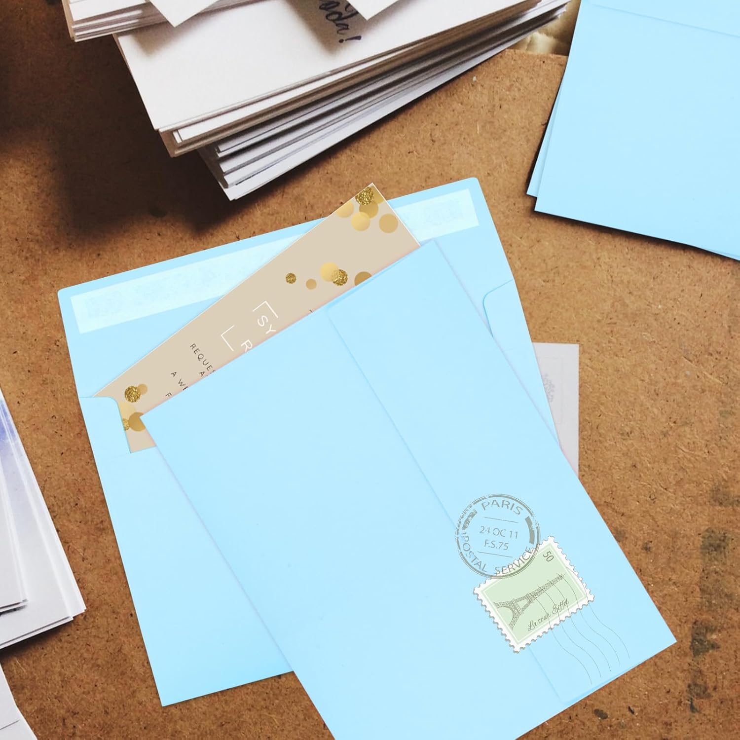 Joyberg 50 Pack Blue 5x7 Envelopes - Self Seal for Weddings, Invitations, Photos & Greeting Cards - Lumora Desk