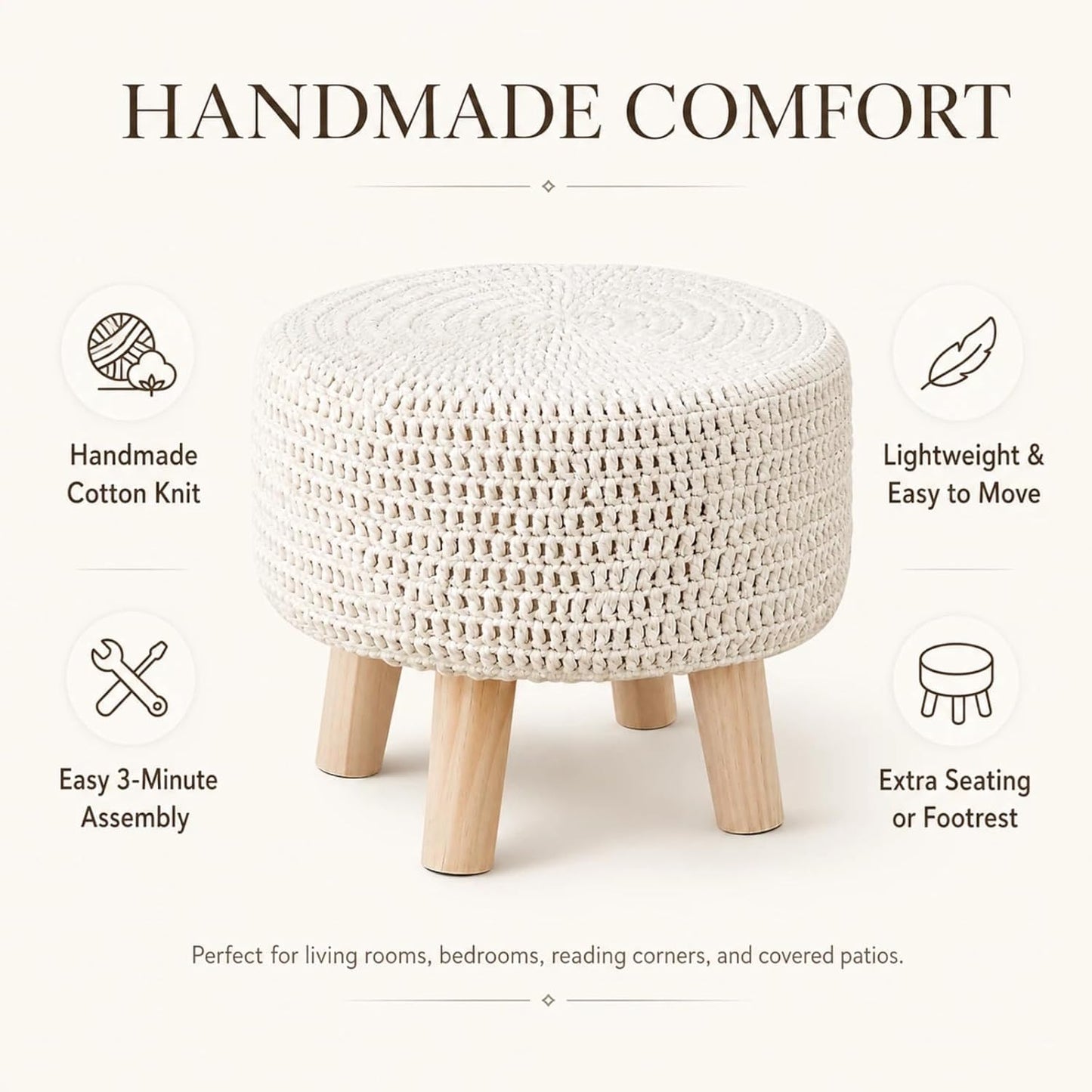 Wimarsbon Pouf Ottoman, 100% Cotton Knitted Boho Footstool, Round Footrest with Non-Skid Wood Legs, Home Décor Handmade Pouffe, Leisure Floor Step Stool for Living Room (Beige)