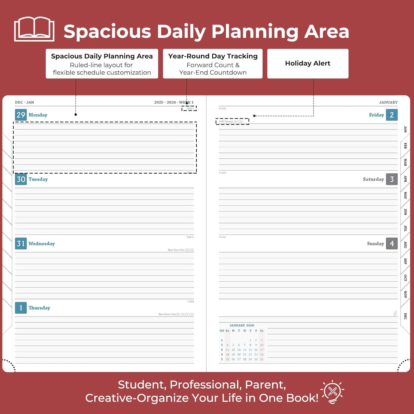 Weekly Monthly 2026 Planner (Jan.26-Dec.26),11.5"x8.5",12 Months Agenda Plan with Month Tabs & Pocket,Expenses/Note Pages, Appointment Book Calendar with Hardcover Vegan Leather Cover,Red