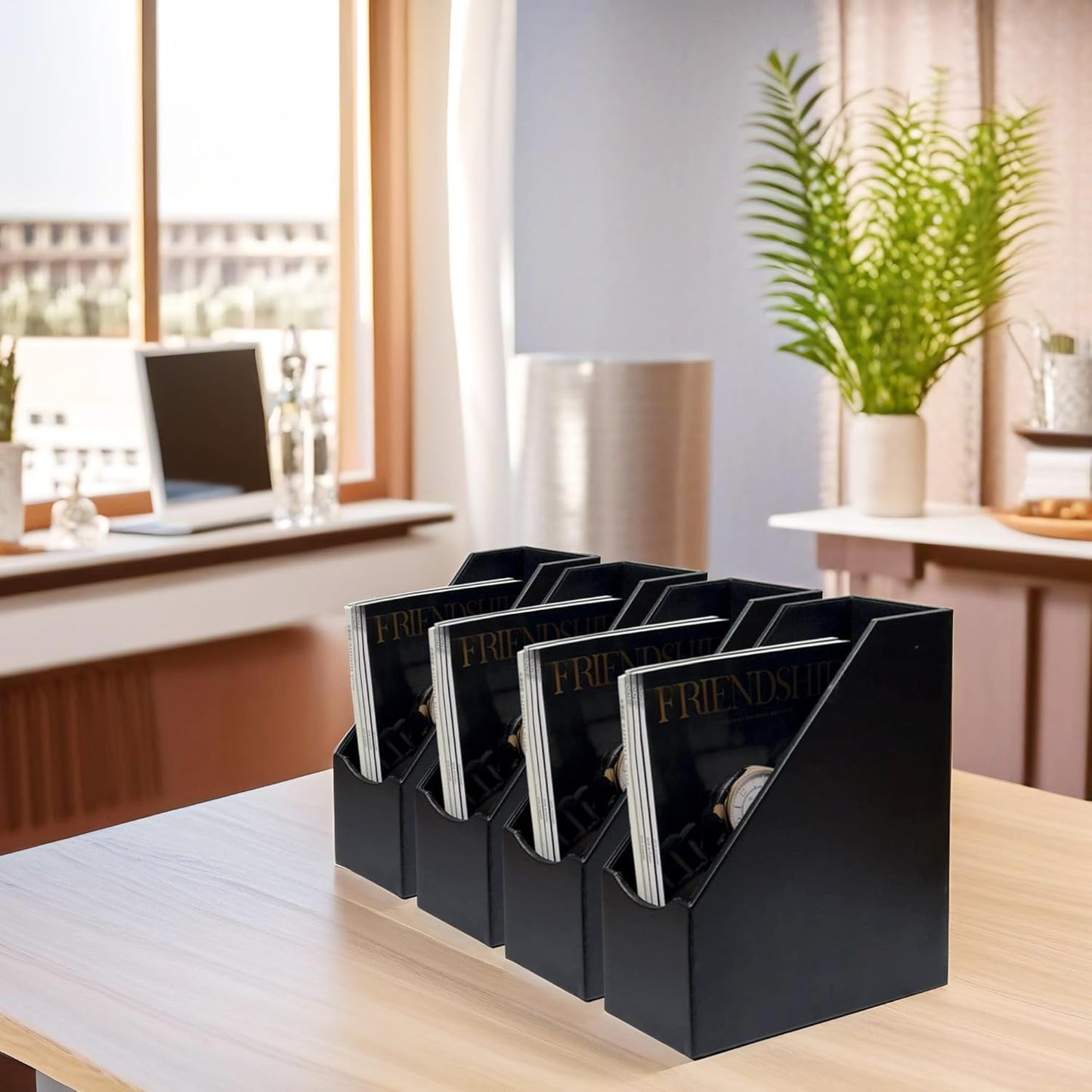 UnionBasic Magazine File Holder, Leatherette Desktop Document Organizer, Home Office Paper Holder File Storage Literature Sorter, Black