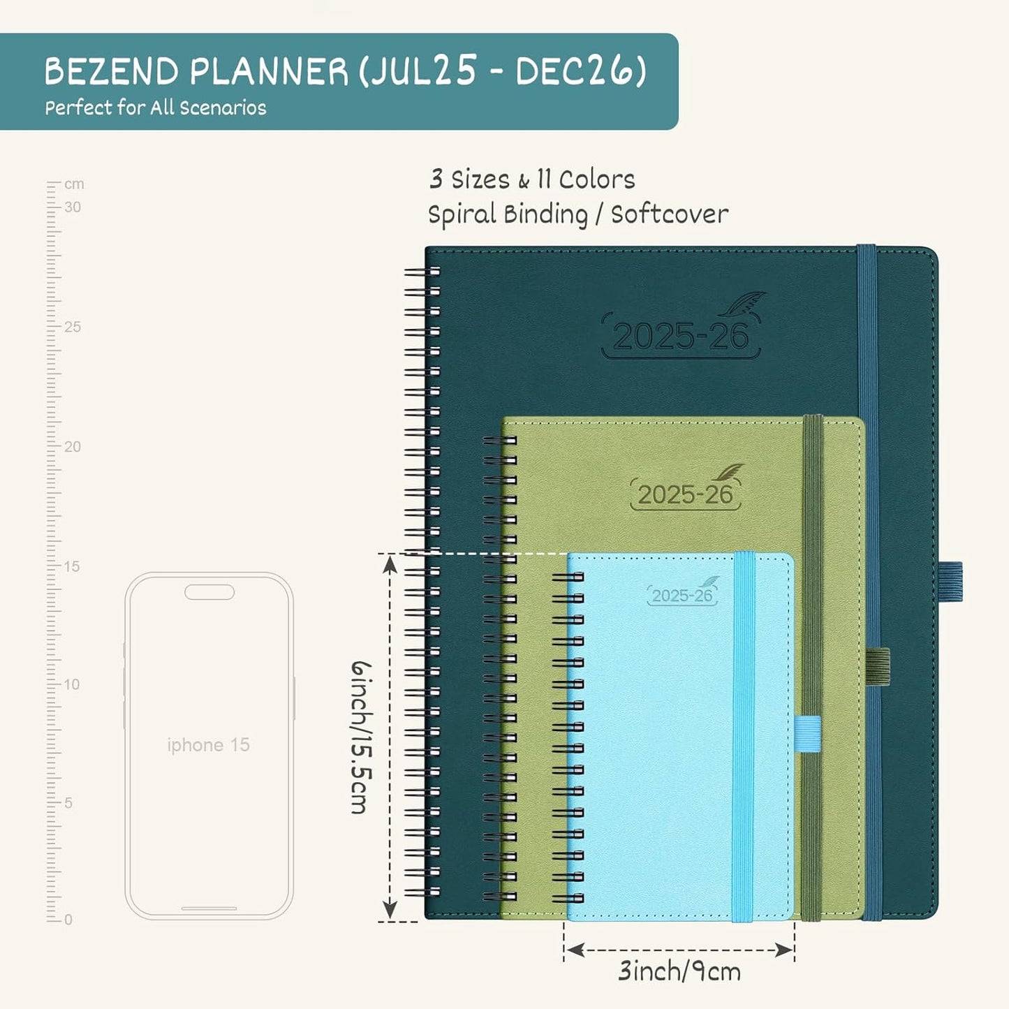 BEZEND Pocket Planner 2025-2026 Weekly and Monthly, 3.5" x 6" Academic Planner (Jul 25-Dec 26) 18-Month Mid-Year Calendar Book, Storage Pocket, Pen Holder, PU Leather Softcover, Spiral - Cornflower