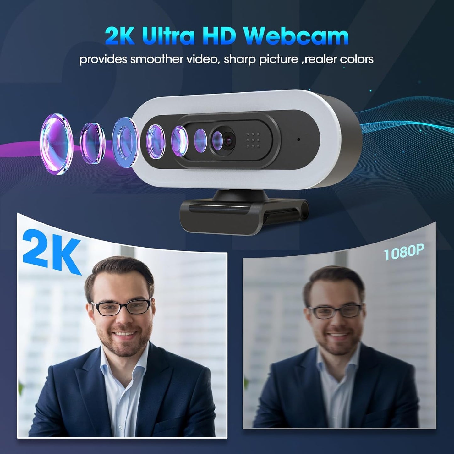 ToLuLu Streaming Webcam 2K 50FPS Web Cam, LED RGB Webcam with Microphone and Light, Autofocus Computer Camera with Cover and Tripod, Plug-Play USB Web cam for PC Desktop/MacBook Gaming Video Calling
