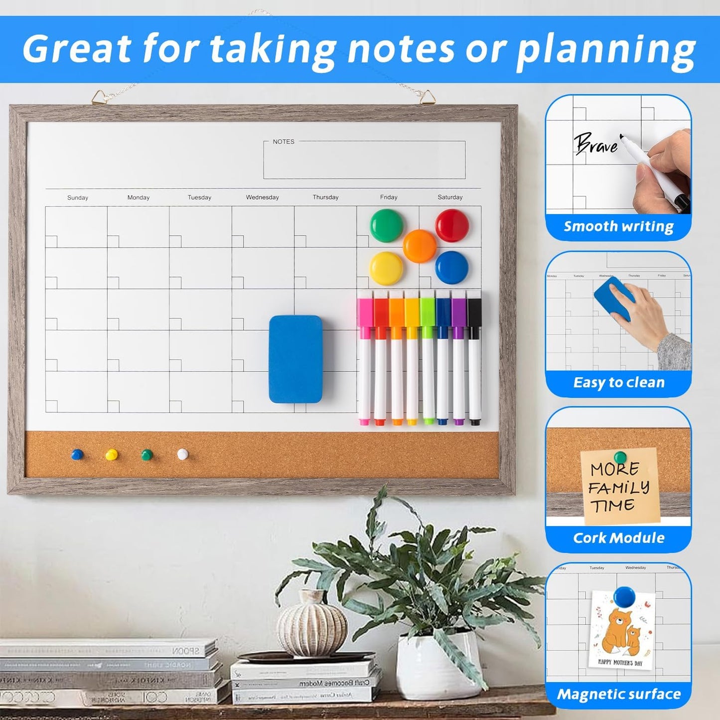 Dry Erase Calendar Whiteboard, 17" x 13" Magnetic Whiteboard Cork Board Combo, Reusable Monthly Planner with 8 Markers, Eraser, Magnets and Push Pins to Hang Dry Erase Board for Home, School - Gray - Lumora Desk