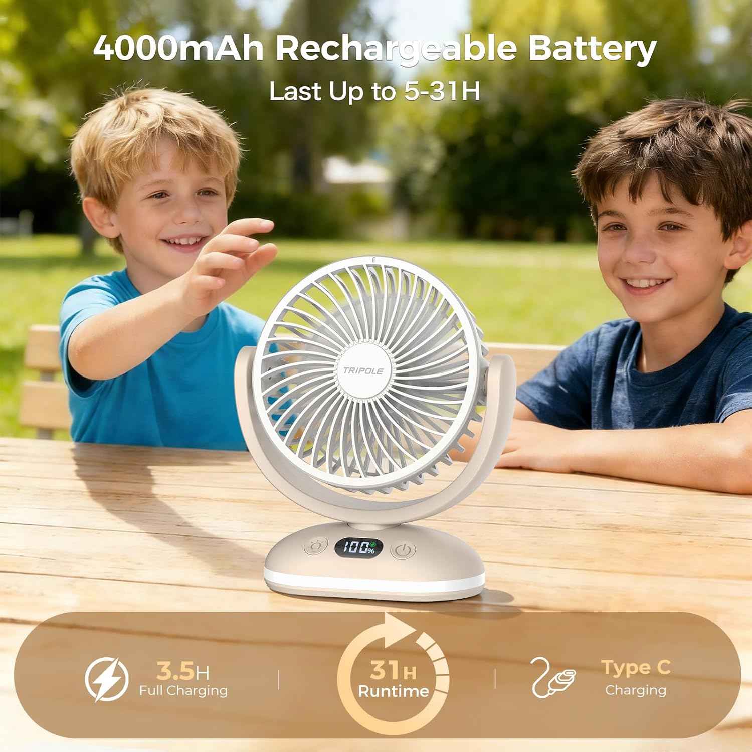 TriPole Desk Fan Small Quiet Rechargeable Portable Fan for Travel with Smart Display & LED Light, 31H Runtime, 4 Speeds Mini Battery Operated Fans for Bedroom Sleeping Office Outdoor Camping Cruise