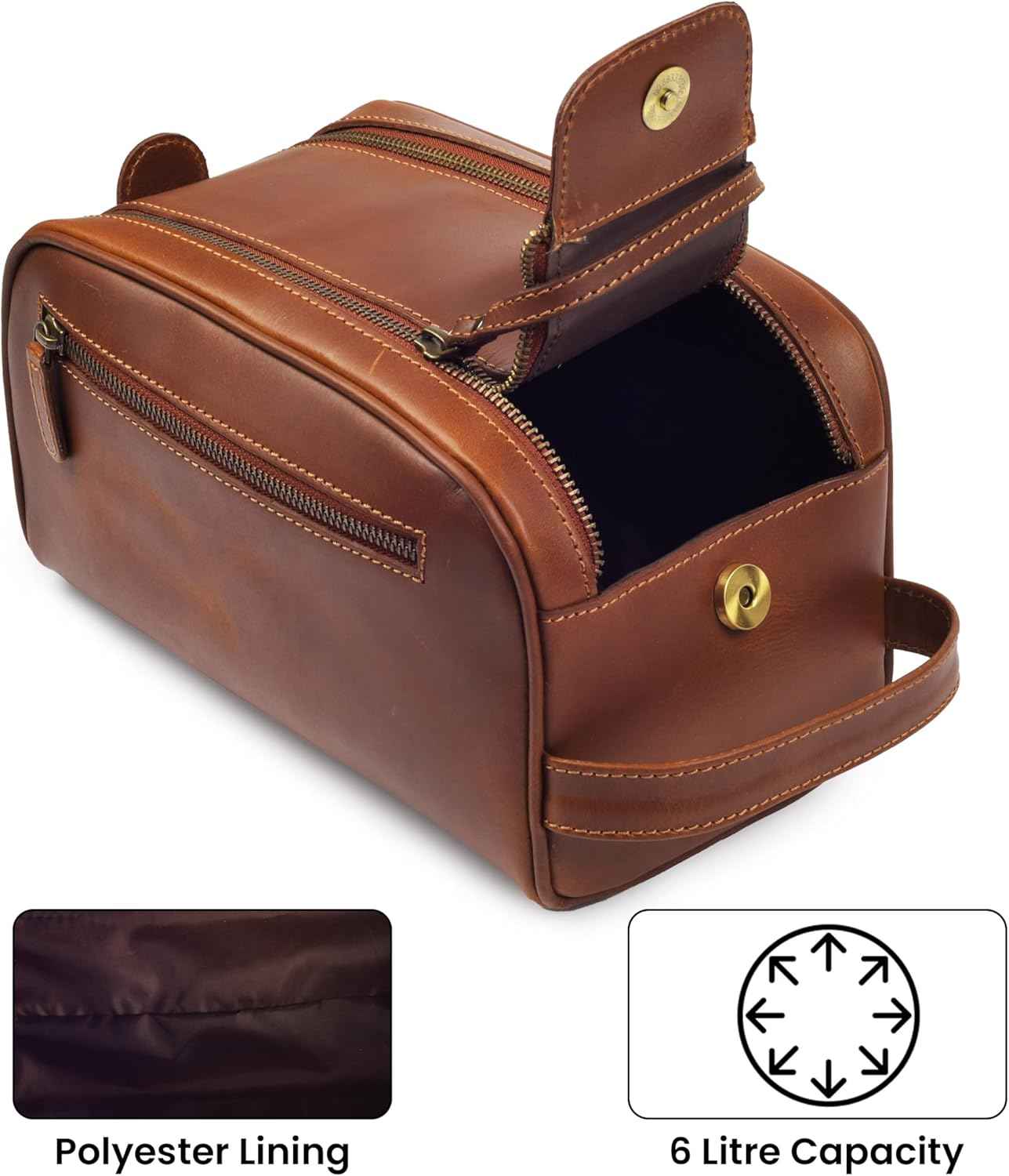 MDS® Genuine Leather Toiletry Bag for Men - Unisex Rustic Classic Vintage Handcrafted Full-Grain Leather Travel Dopp Kit with Waterproof Lining & Handle, Shaving & Grooming Kit Organizer Pouch, Tan