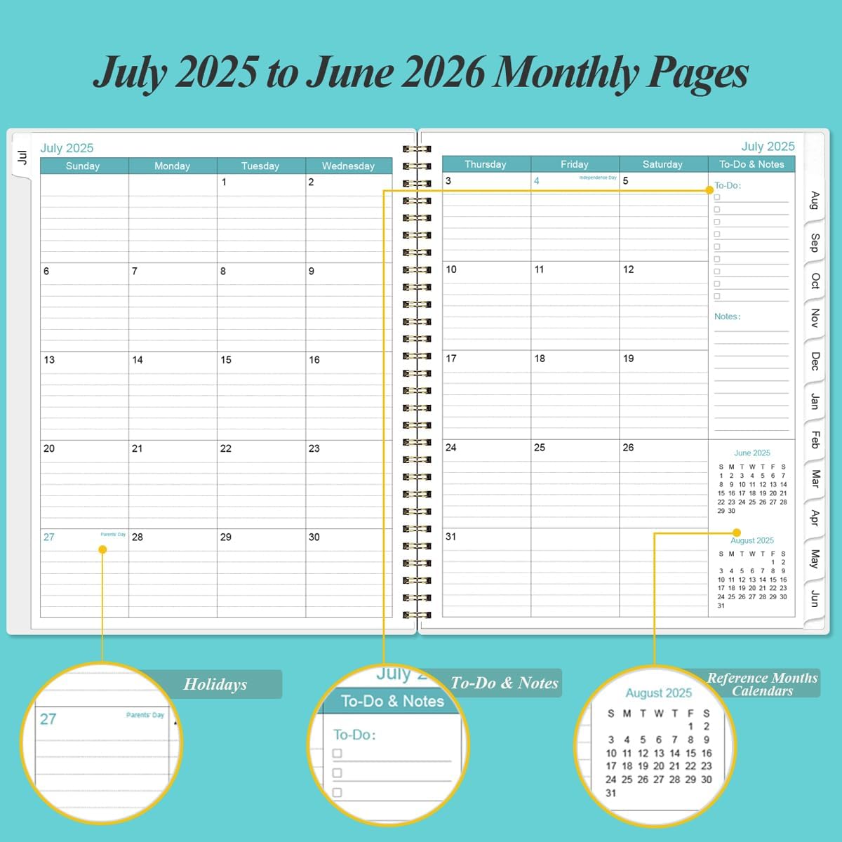 2025 Planner - A4 Weekly & Monthly Planner Spiral Bound, January 2025 - December 2025, Planner 2025 with Flexible Cover, Tabs, Inner Pocket, 8.5" x 11", Teal Flowers