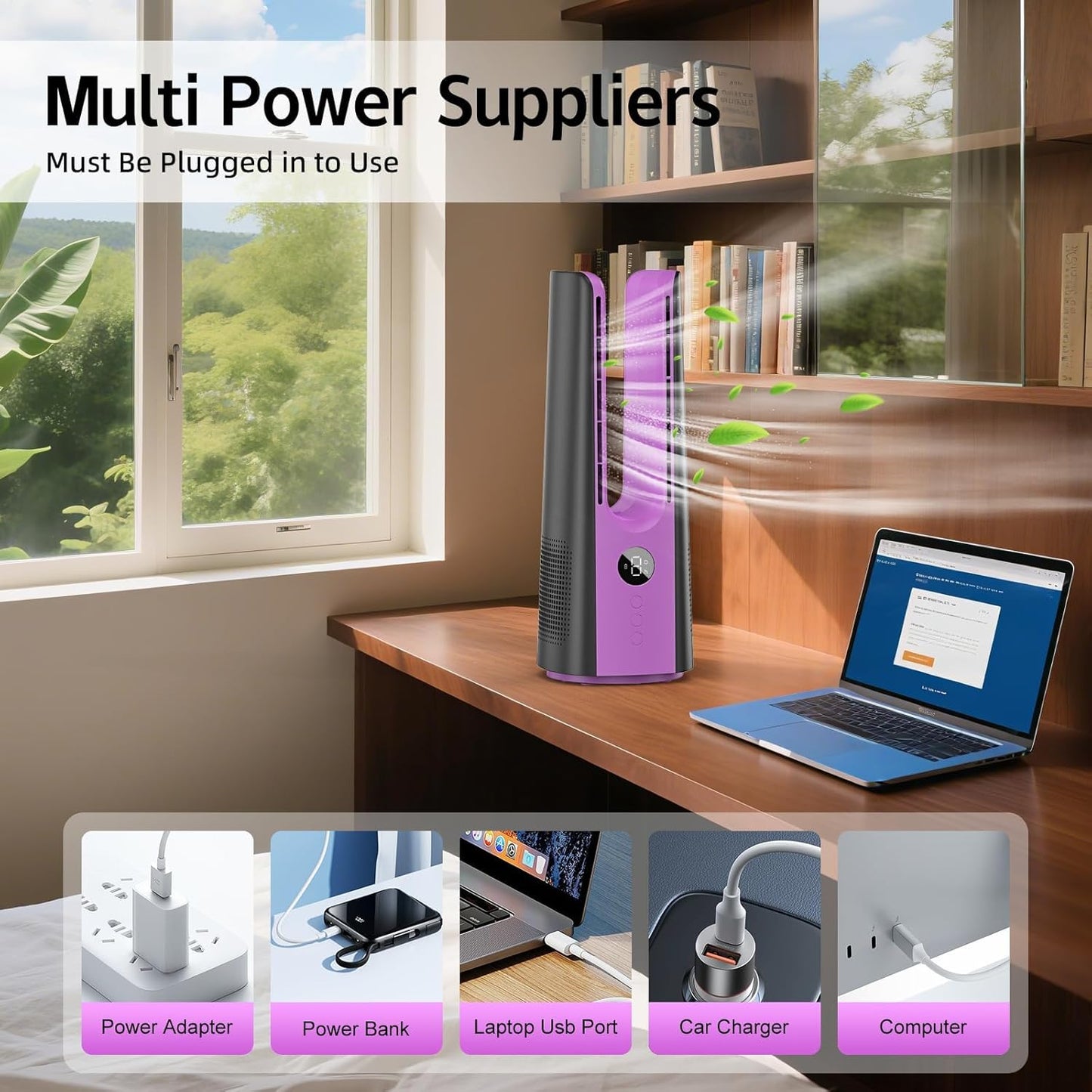 KONSIDEN Desk Fan, 13 Inch Portable Bladeless Fan, Small Quiet Table Fan with 60°Oscillating, 9 Speeds & 9H Timer, LED Display, Button Control, Easy to Clean, Personal Desktop Fan for Bedroom, Office