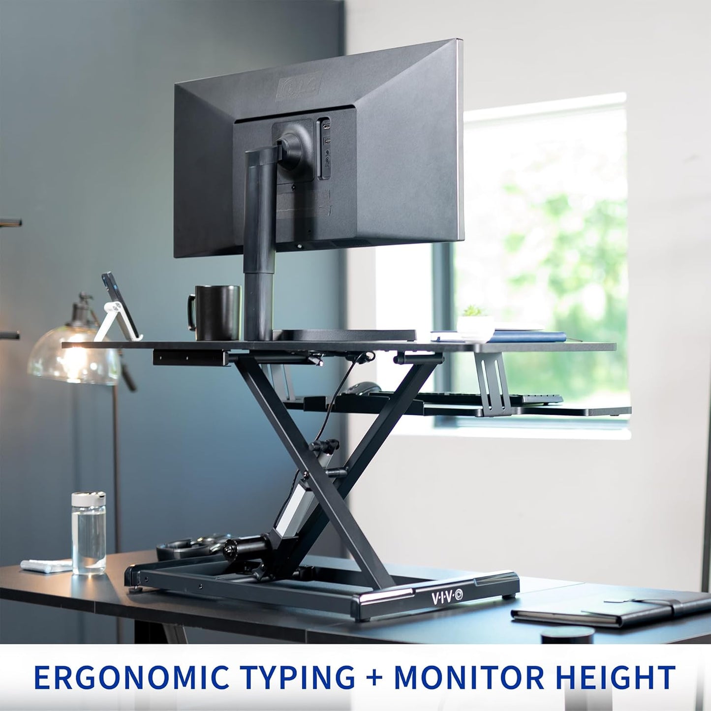 VIVO 47 inch Electric Motor Desk Converter, Height Adjustable Riser, Sit to Stand Dual Monitor and Laptop Workstation with Wide Keyboard Tray, Black, DESK-VE48B