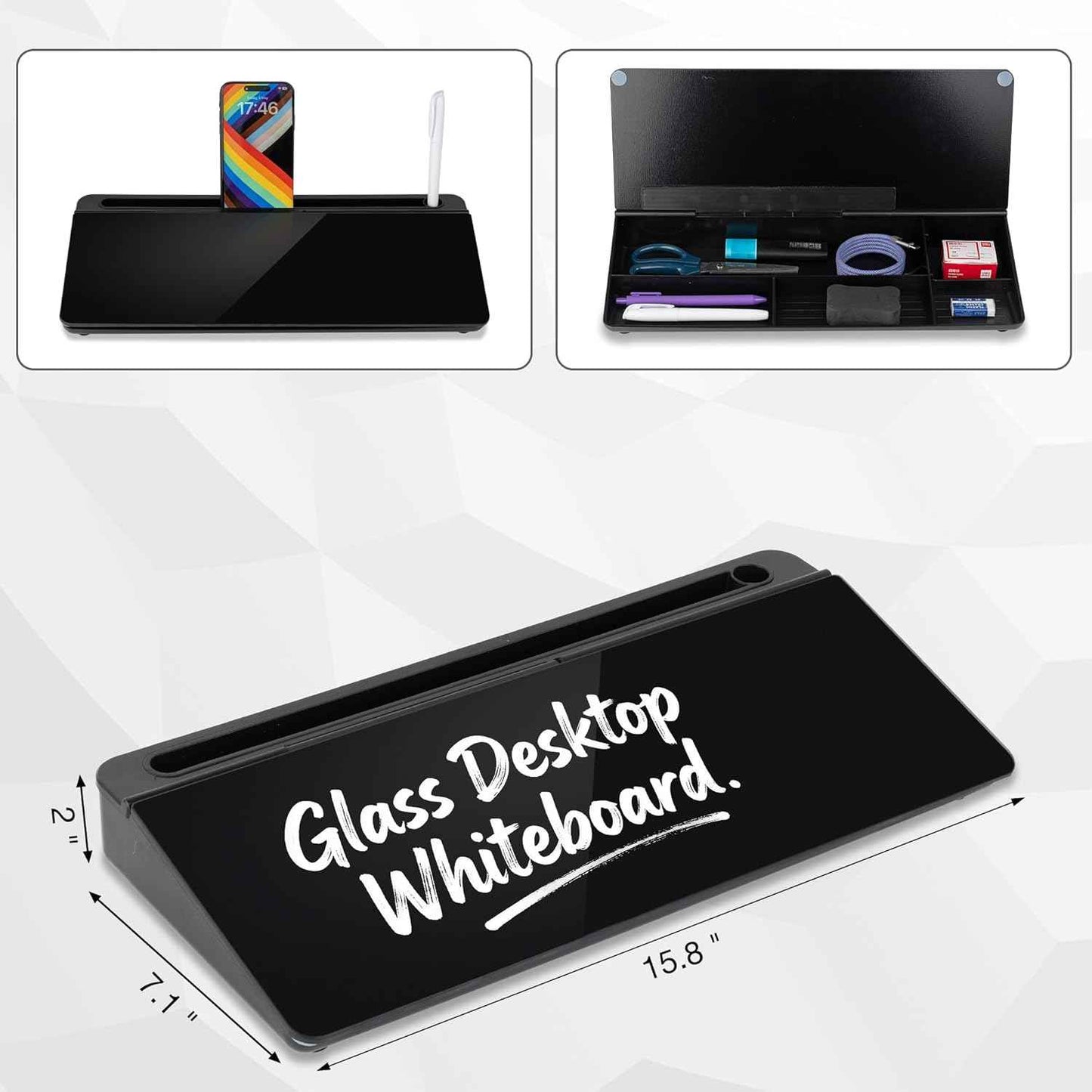 Glass Desktop Whiteboard 15.8×7”, Dry Erase Note Memo Board, Desk Organizer with Storage for Office, Home, Study, Black