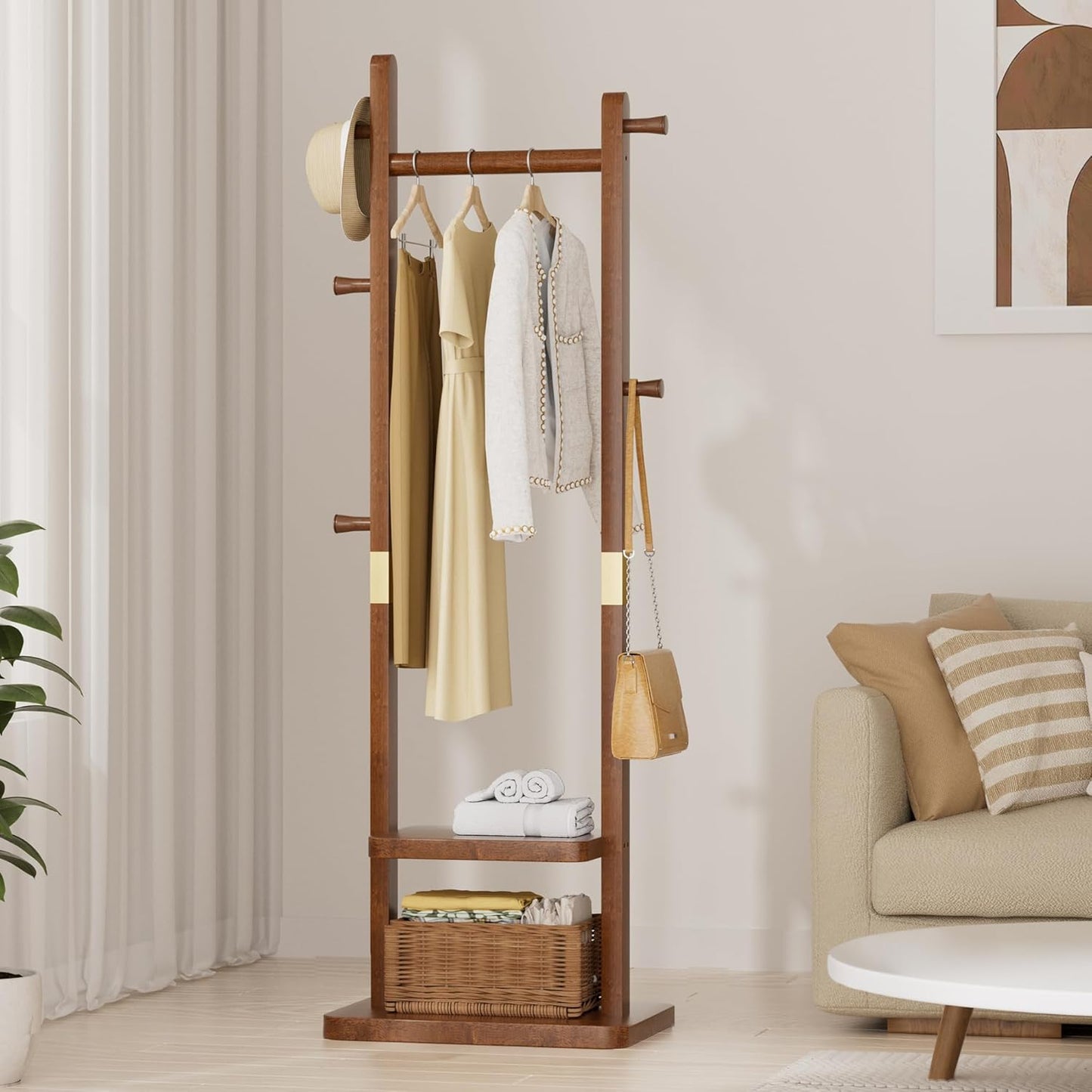 Solid Wood Coat Rack, Coat Rack Freestanding with 2 Shelves and 5 Hooks, Heavy Duty Coat Tree for Entryway，Living room，Coat Hanger Stand for Hats, Bags (Walnut Brown) - Lumora Desk