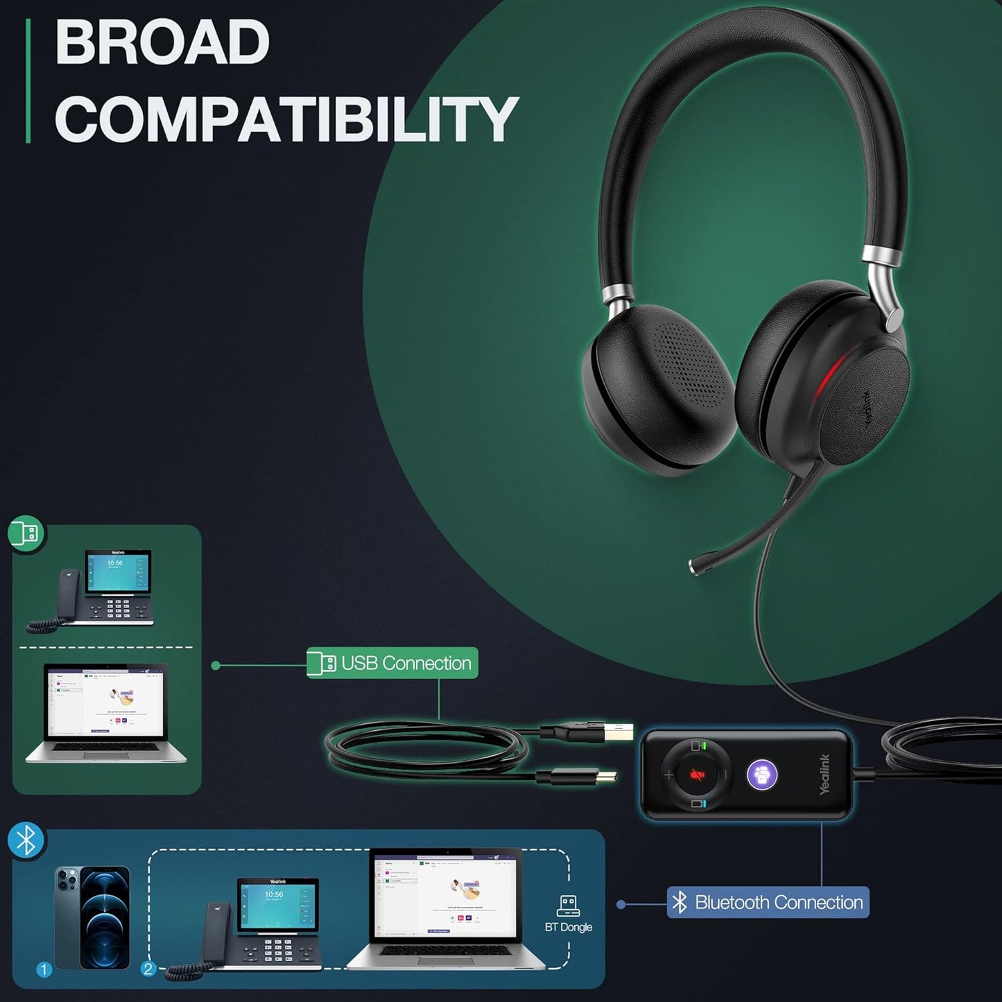 Yealink UH38 Bluetooth USB Wired Headset, Work Headset with Noise Cancelling Microphone, Teams Certified, Comfort Fit, Dual Connect for PC Computer & Mobile Devices, Dual Busylight