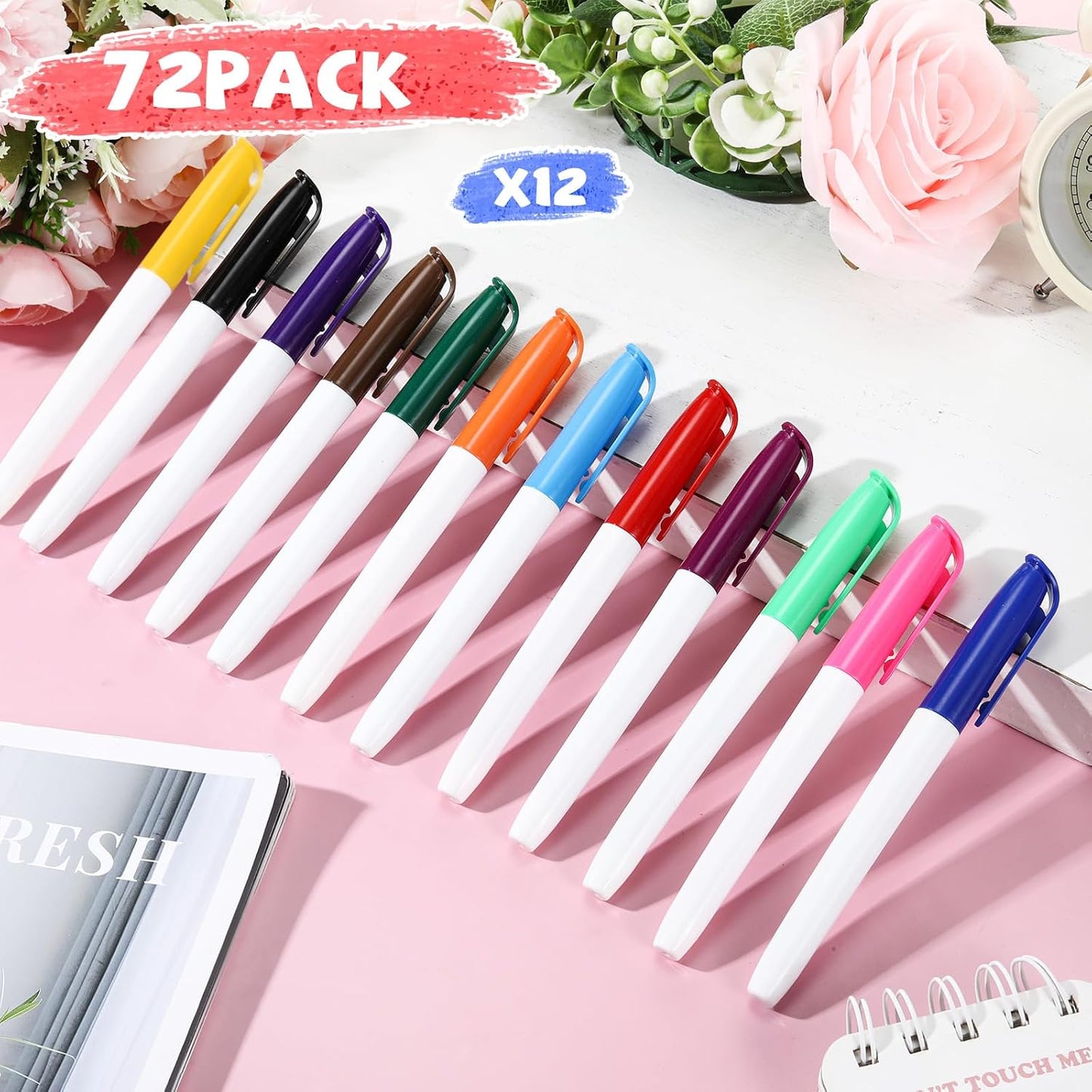 72 Pack 0.4mm Ultra Fine Point Permanent Marker Bulk, Fine Tip Permanent Markers Set, Quick Dry, Waterproof, Durable, Works on Paper, Glass, Ceramic, Plastic, Wood, Rock, Metal (12 Colors)