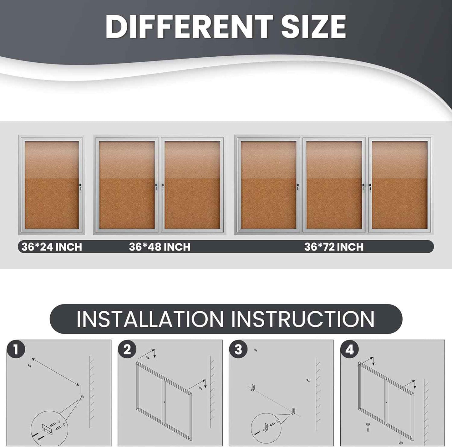 48"x36" Lockable Enclosed Bulletin Board, Outdoor Cork Weather-Resistant Aluminum Frame Notice Board, Wall Mounted Display Case Acrylic Doors for School,Office,Silver Frame w/Cork
