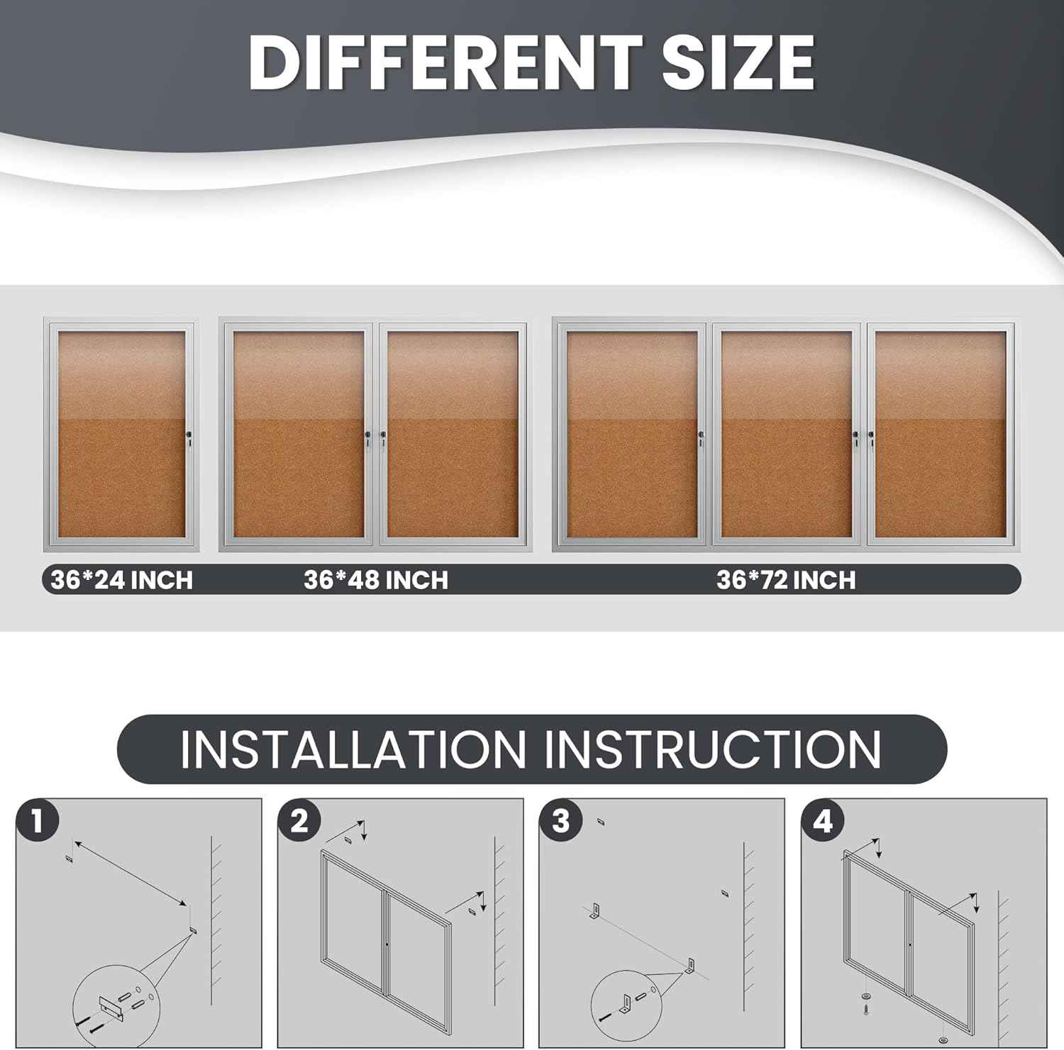 48"x36" Lockable Enclosed Bulletin Board, Outdoor Cork Weather-Resistant Aluminum Frame Notice Board, Wall Mounted Display Case Acrylic Doors for School,Office,Silver Frame w/Cork