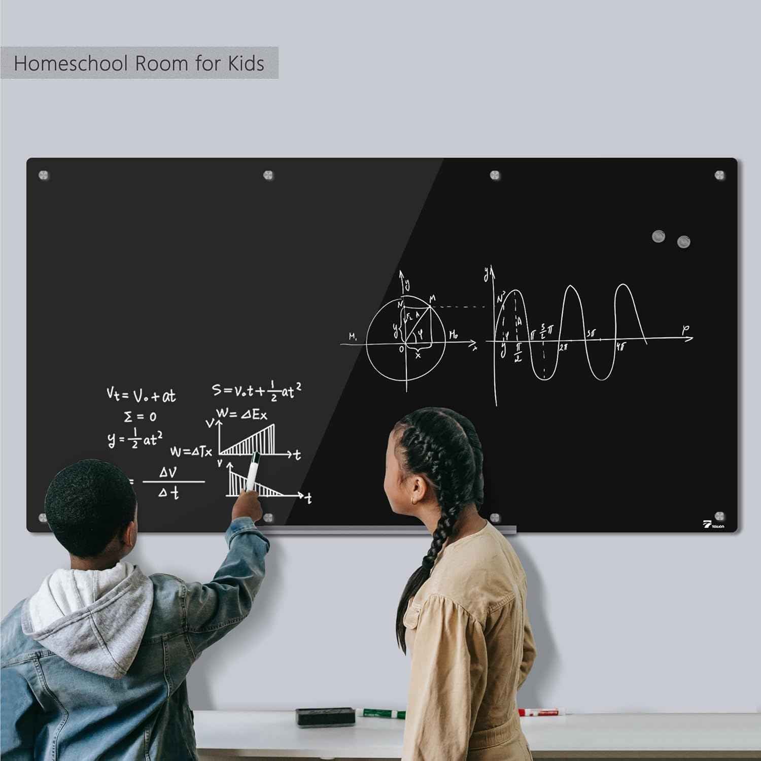 TOWON 8 x 4ft Glass Whiteboard Wall, Black Magnetic White Board Dry Erase 96 x 48 in, Big Glass Dry Erase Board with Multi-Color Markers, Strong Magnets, Pen Tray and Eraser, Frameless