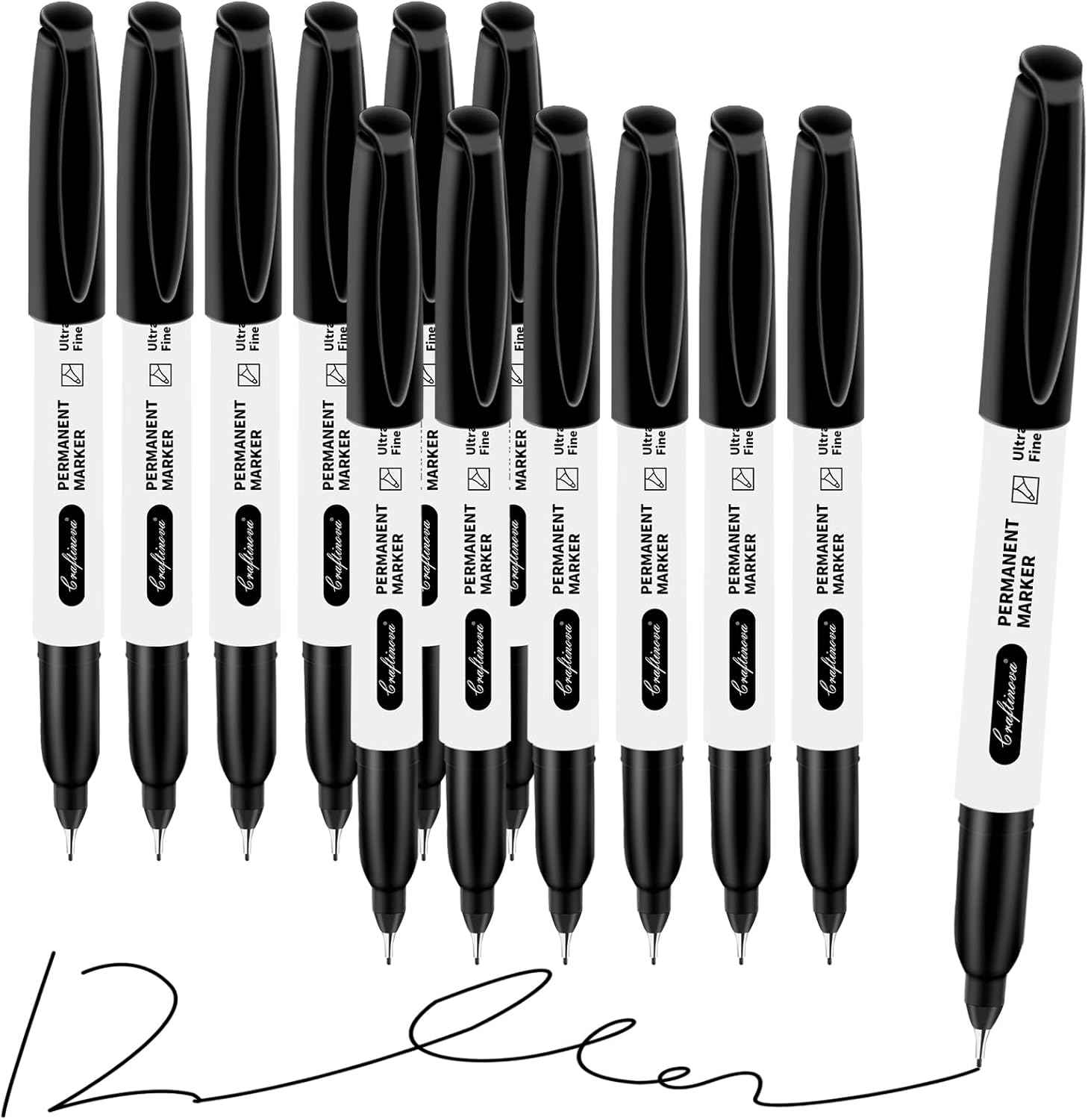 Black Ultra Fine Point Permanent Markers, Extra Fine Tip, Quick Drying and Waterproof, Fade Resistant Perfect on Paper, Glass, Metal, Plastic, Wood, Office & School Use, 12 Pack