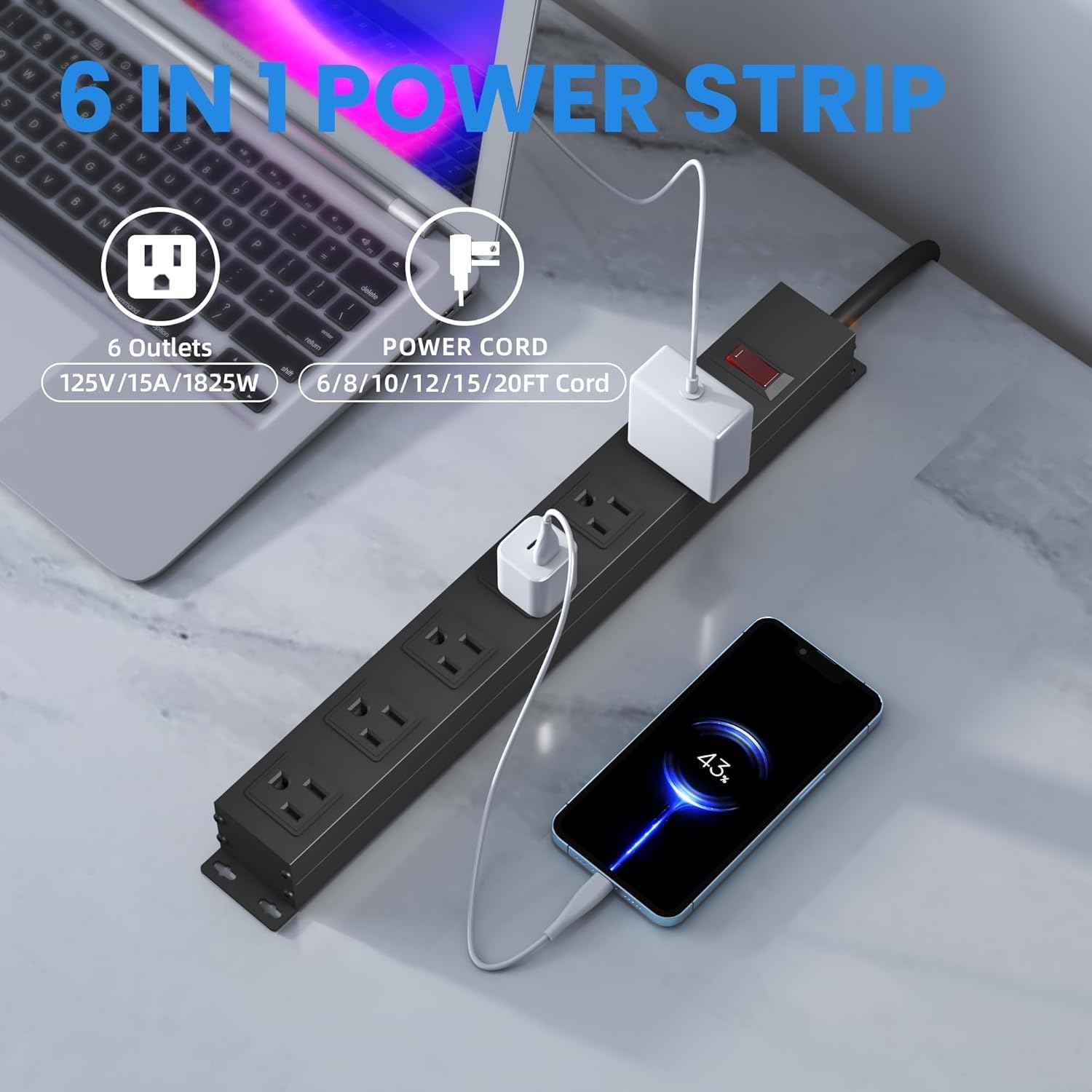 Power Strip with 6AC Outlets 6 Ft UL 14AWG Cord Straight Plug,Metal Wall Mount Heavy Duty Power Strip with Switch for Commercial,Industrial,School and Home,15A/125V/1875W,Black(6FT)