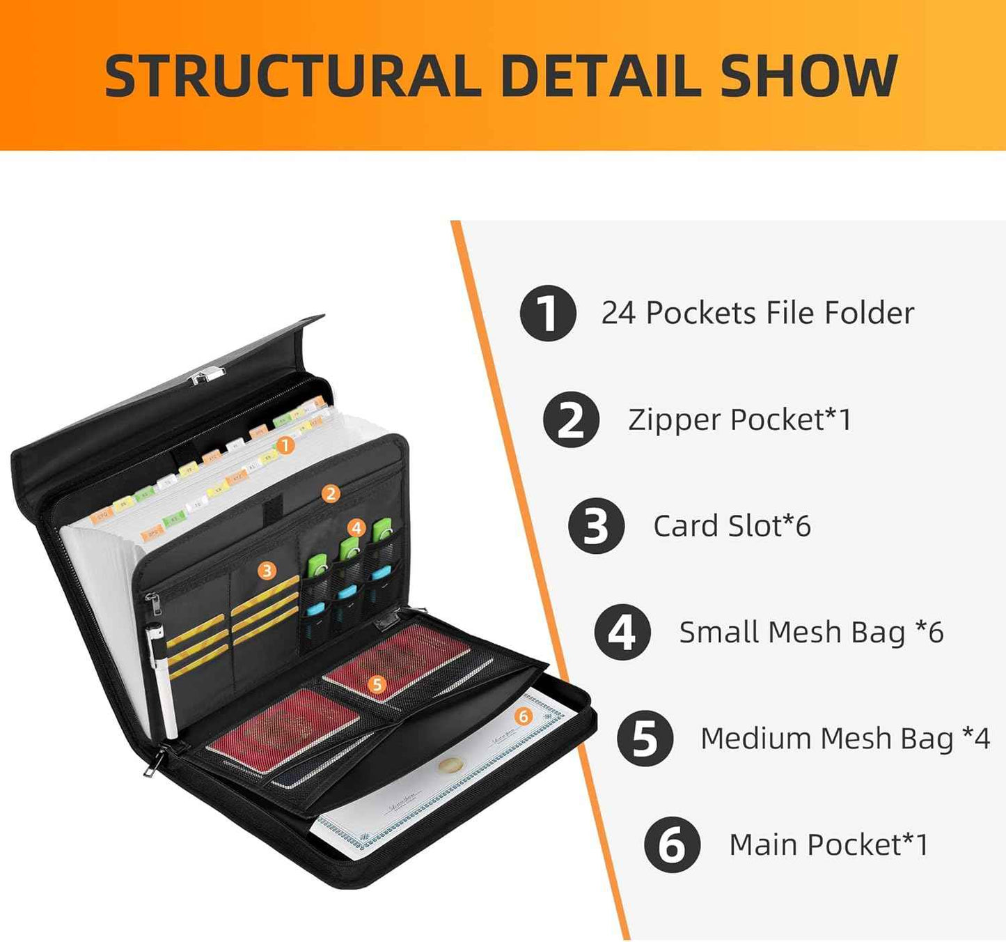 Hontom Accordion File Organizer,24 Pockets Fireproof Expanding File Folder with Multi Pockets,Portable Business Fireproof Storage Document Organizer Folder with Snap Closure for Documents and File