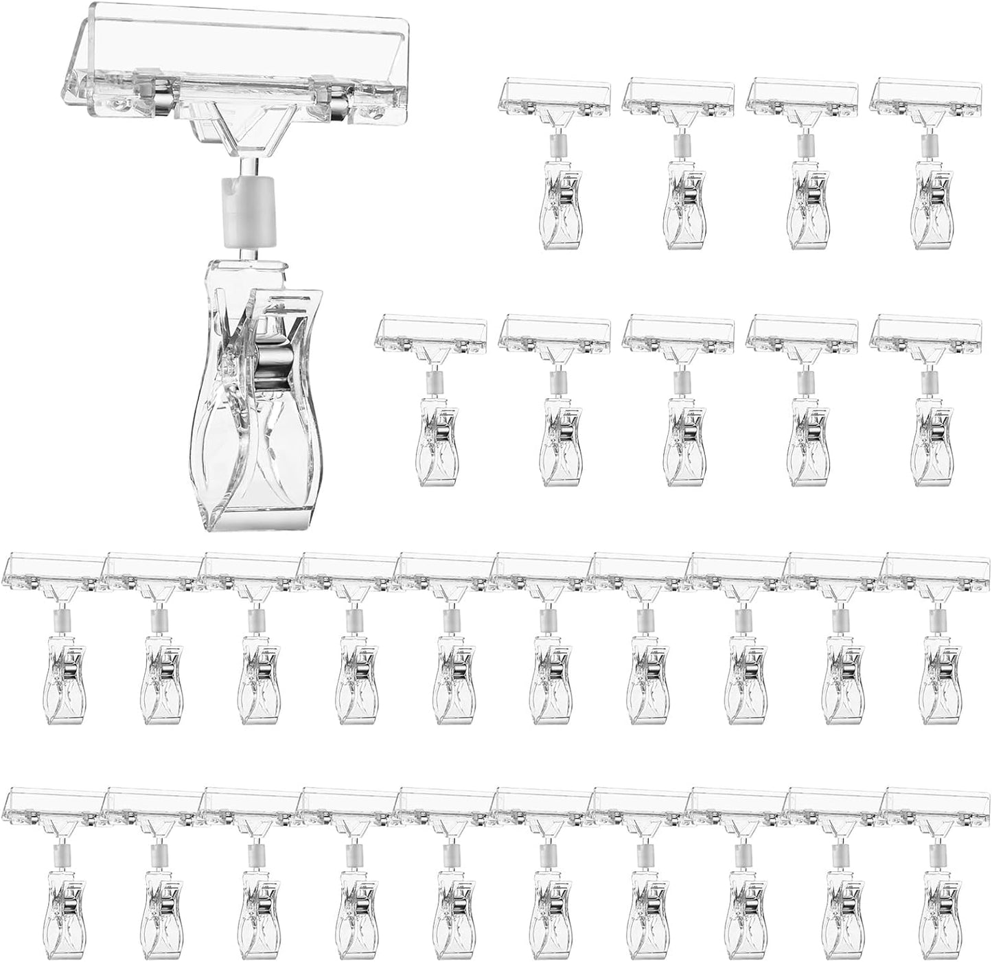 Daletu 30 PCS Clear Sign Clips for Merchandise Display, Plastic Retail Double Sided Sign Holder Clips, Acrylic Price Tag Sign Holders on Clothing Rack, Rotatable Pop Clamps for Sale Retail Display