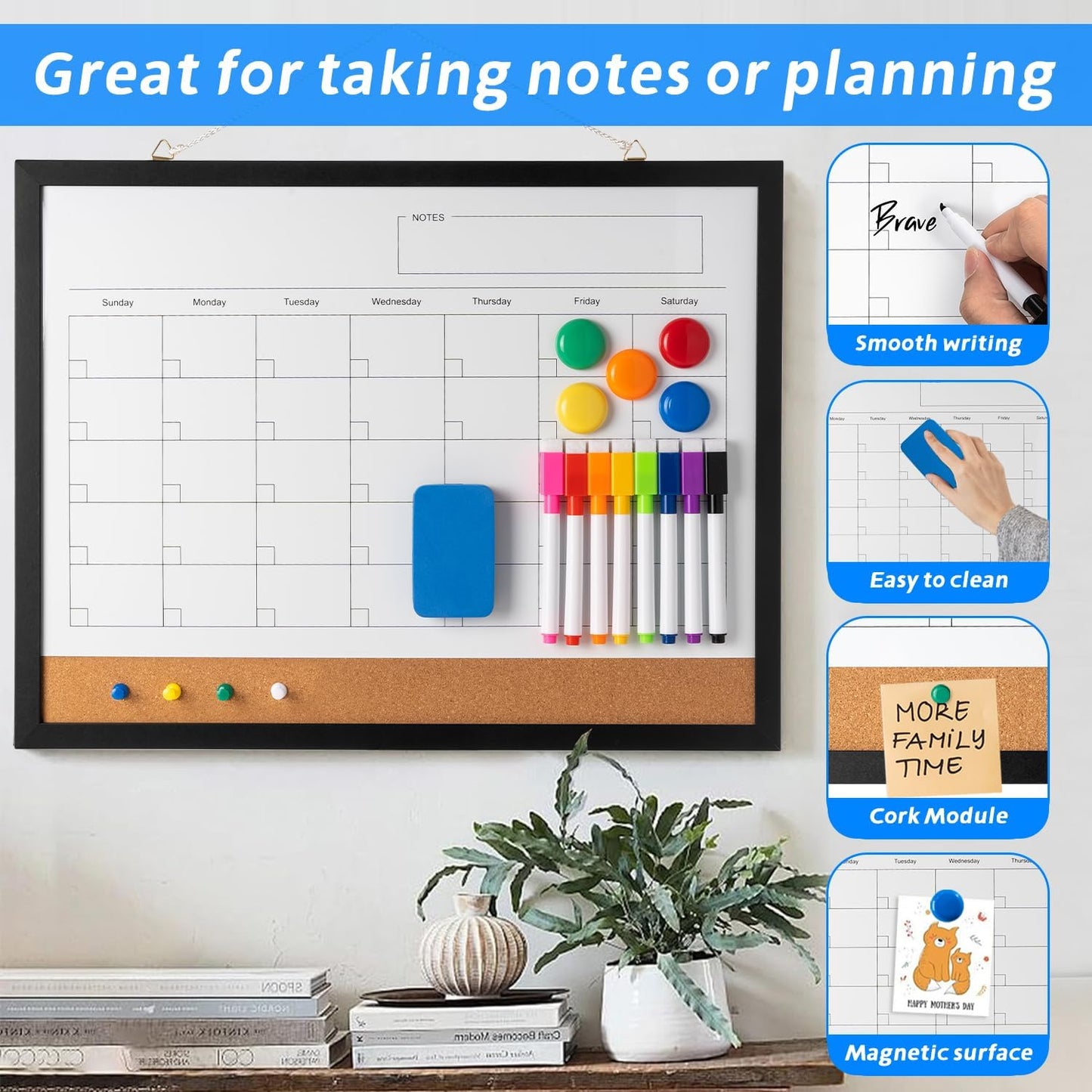 Dry Erase Calendar Whiteboard, 17" x 13" Magnetic Whiteboard Cork Board Combo, Reusable Monthly Planner with 8 Markers, Eraser, Magnets and Pushpins, Hanging Dry Erase Board for Home, School - Black - Lumora Desk