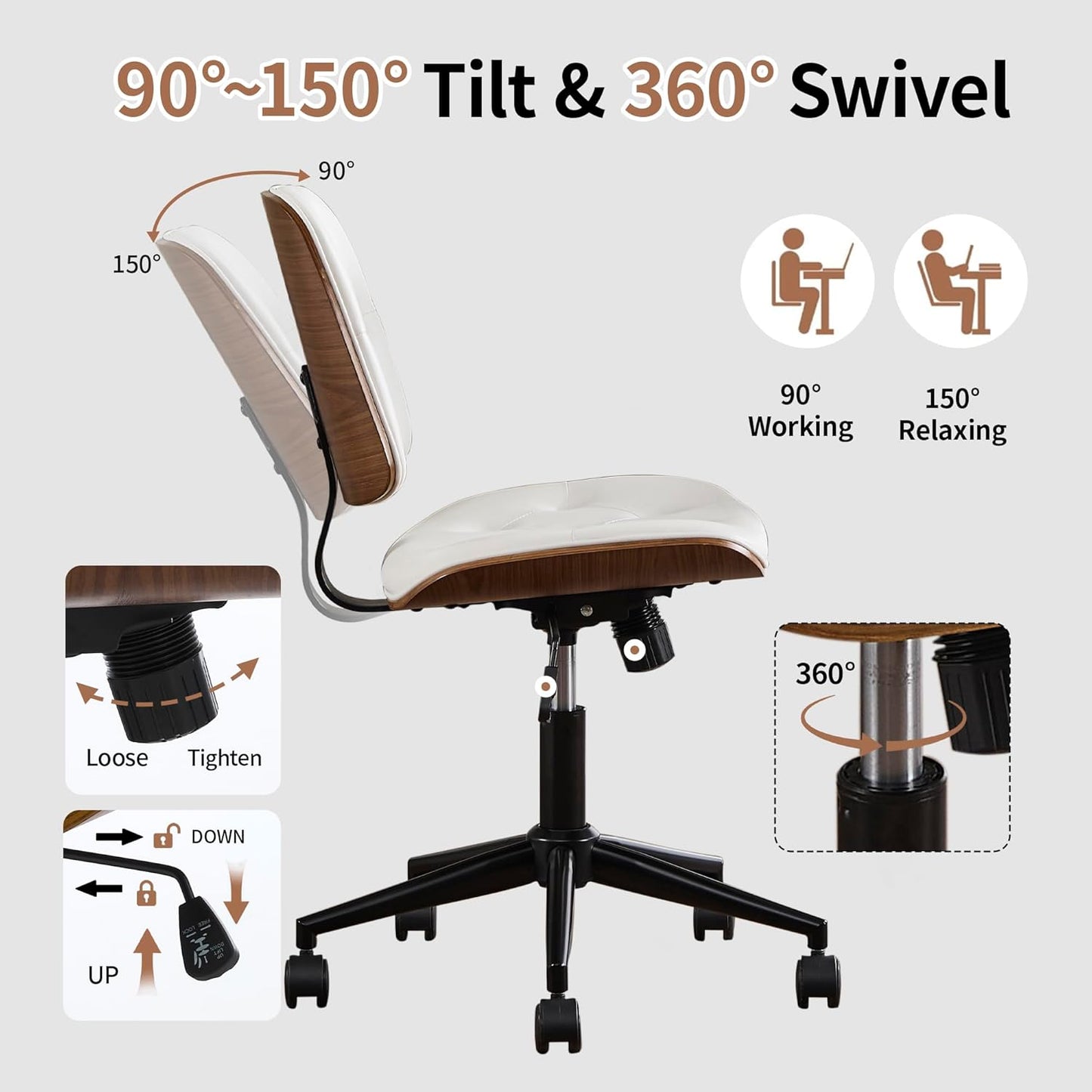 Small Home Office Chair – Adjustable Height, Armless PU Leather Mid-Back Desk Chair with Swivel Wheels, Walnut Finish, Perfect for Study or Bedroom, White