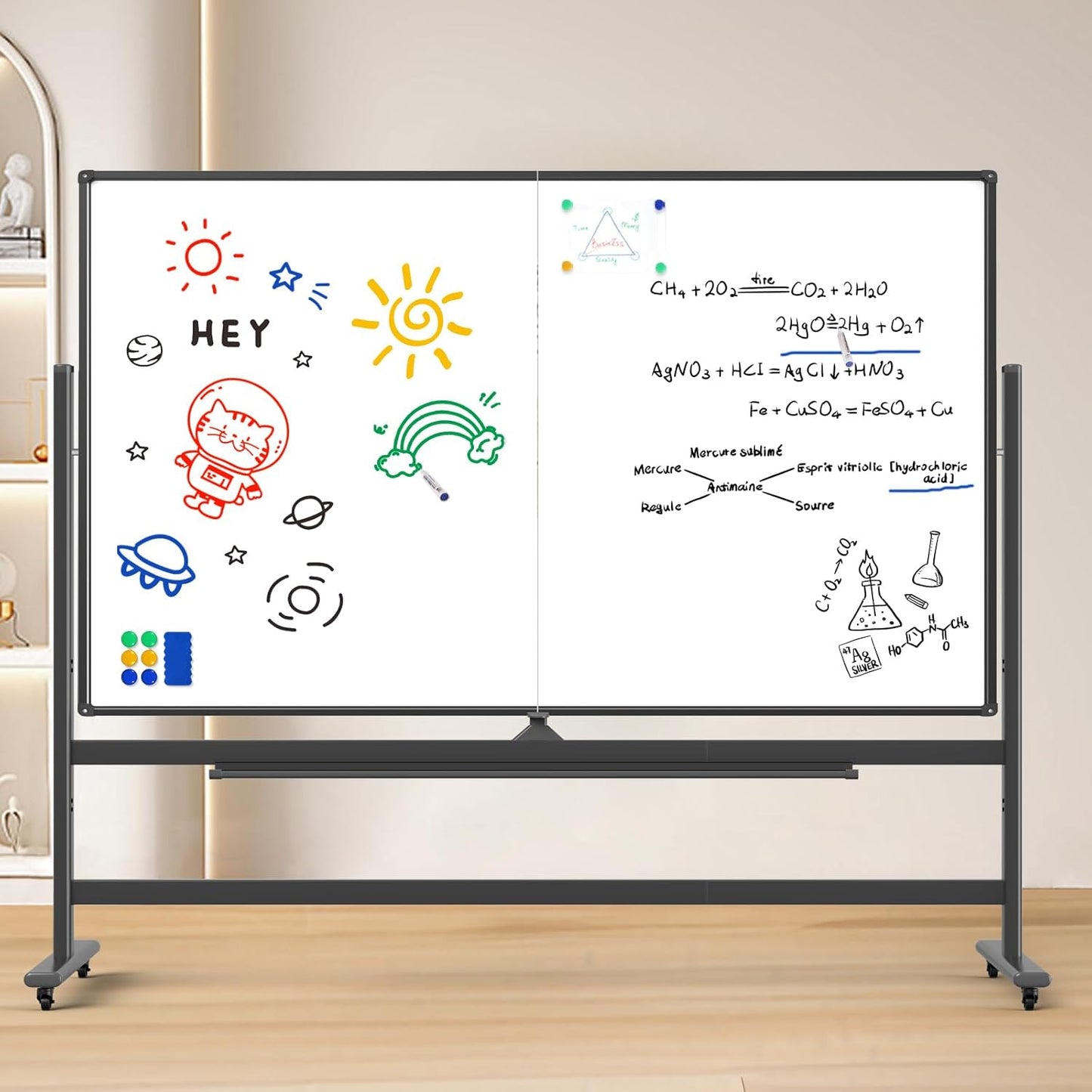 Large 72 x 48 Inch Magnetic Rolling Whiteboard, Double-Sided Dry Erase Board with Stand and Wheels, Mobile White Board for Home, Office, School (Black)