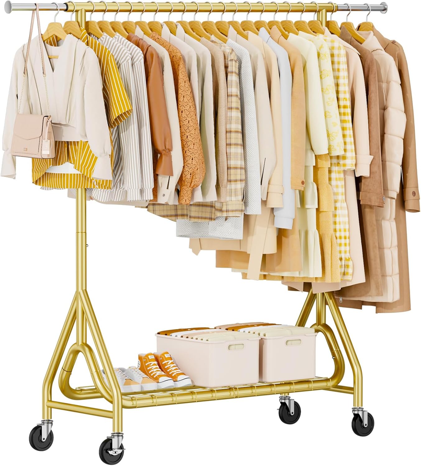 Heavy Duty Clothes Rack, Metal Clothing Rack Load 450 LBS, Rolling Coat Racks for Hanging Clothes with Lockable Wheels, Wardrobe Closet Garment Racks for Bedroom, Gold - Lumora Desk