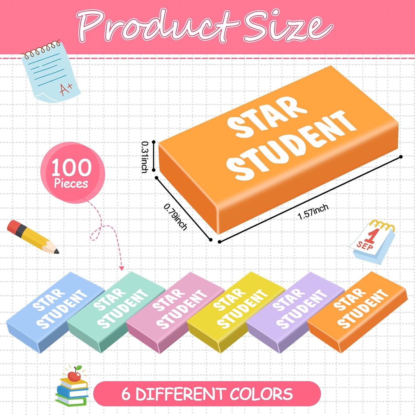 100 Pcs Star Student Erasers Bulk for Kids Back to School Pencil Erasers Fun Inspirational School Supplies for Students Classroom Office Teacher Award Gifts