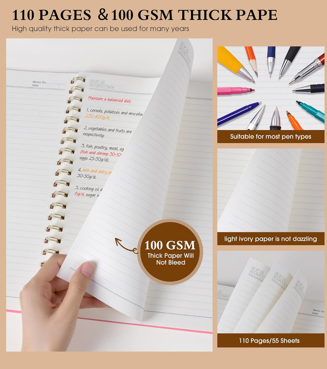 Spiral Notebook Journal 8.5” x 11”, A4 Large Pink Notebooks for Women Men, College Ruled Lined Journal, 100 GSM Paper, Plastic Hardcover Spiral Bound Journals for Work School Note Taking Business