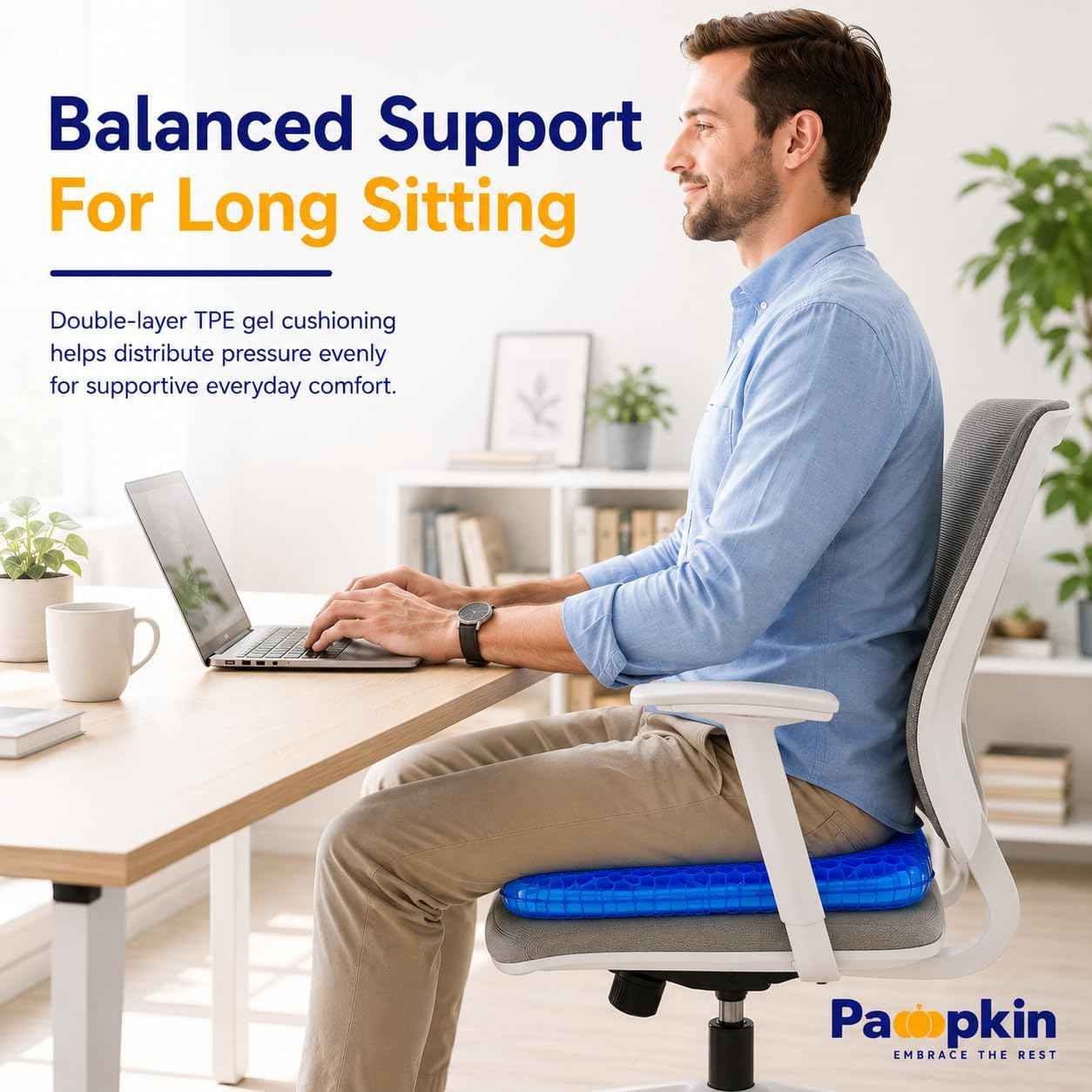 Pampkin Gel Seat Cushion for Long Sitting | Ergonomic Coccyx & Tailbone Support for Sciatica, Hip & Lower Back Pain | Breathable, Washable Cover | Ideal for Office, Car, Wheelchair, Stadium & Plane
