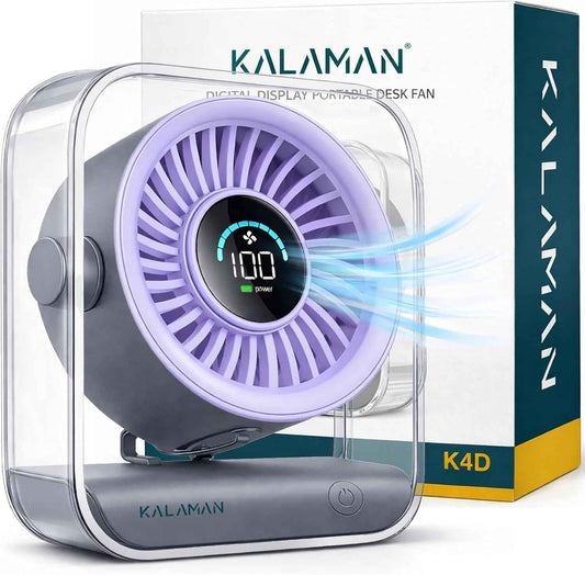 KALAMAN Desk Fan, 4000mAh Quiet Table Fan with Turbo Airflow, 6-Gear Speed Digital Display & 30° Adjustable Tilt, Rechargeable Battery Portable Fan for Home, Office, Travel (Grey/Purple)