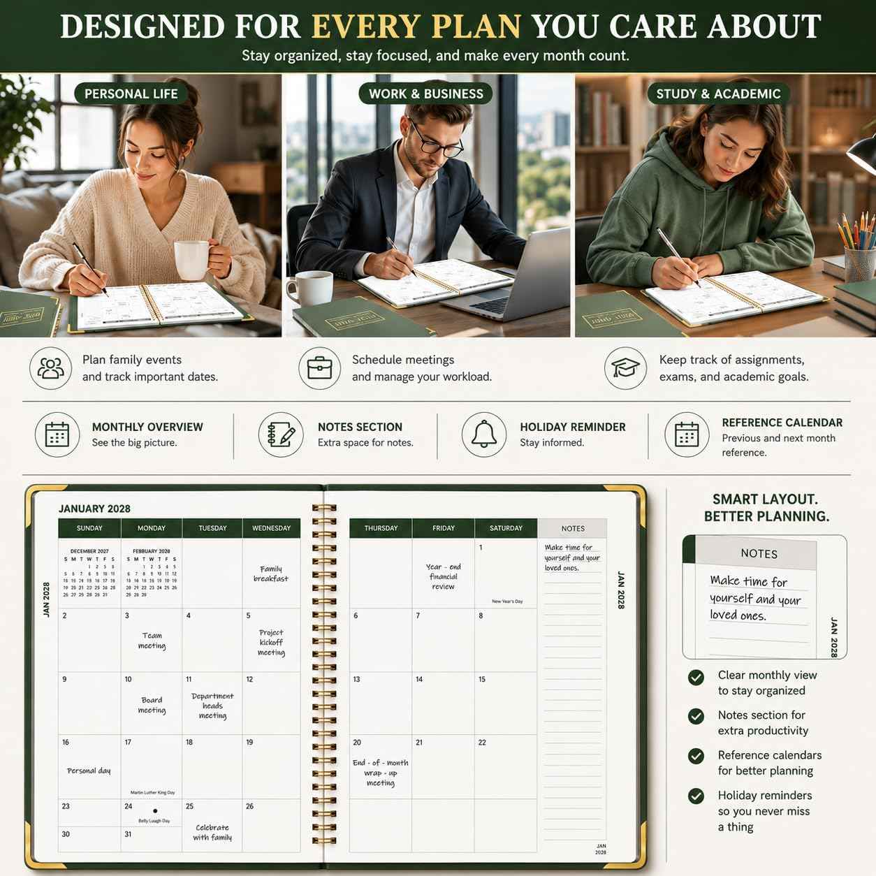 Monthly Planner 2026-2028, Hardcover 3 year calendar 2026-2027-2028 Calendar Book from Jan 2026 - Dec 2028, 9“ x 11”, Spiral Bound,Organizer for Office, School, and Home,Green
